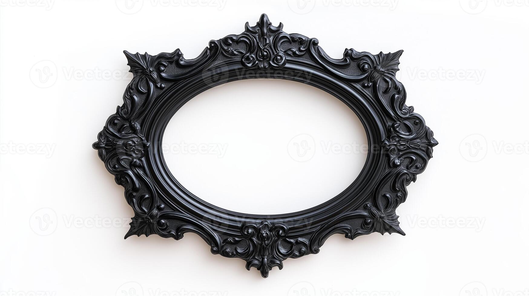 Overhead view of a Halloween style picture frame with ornate black gothic designs featuring spider webs and bat motifs isolated on a white background with soft shadows photo