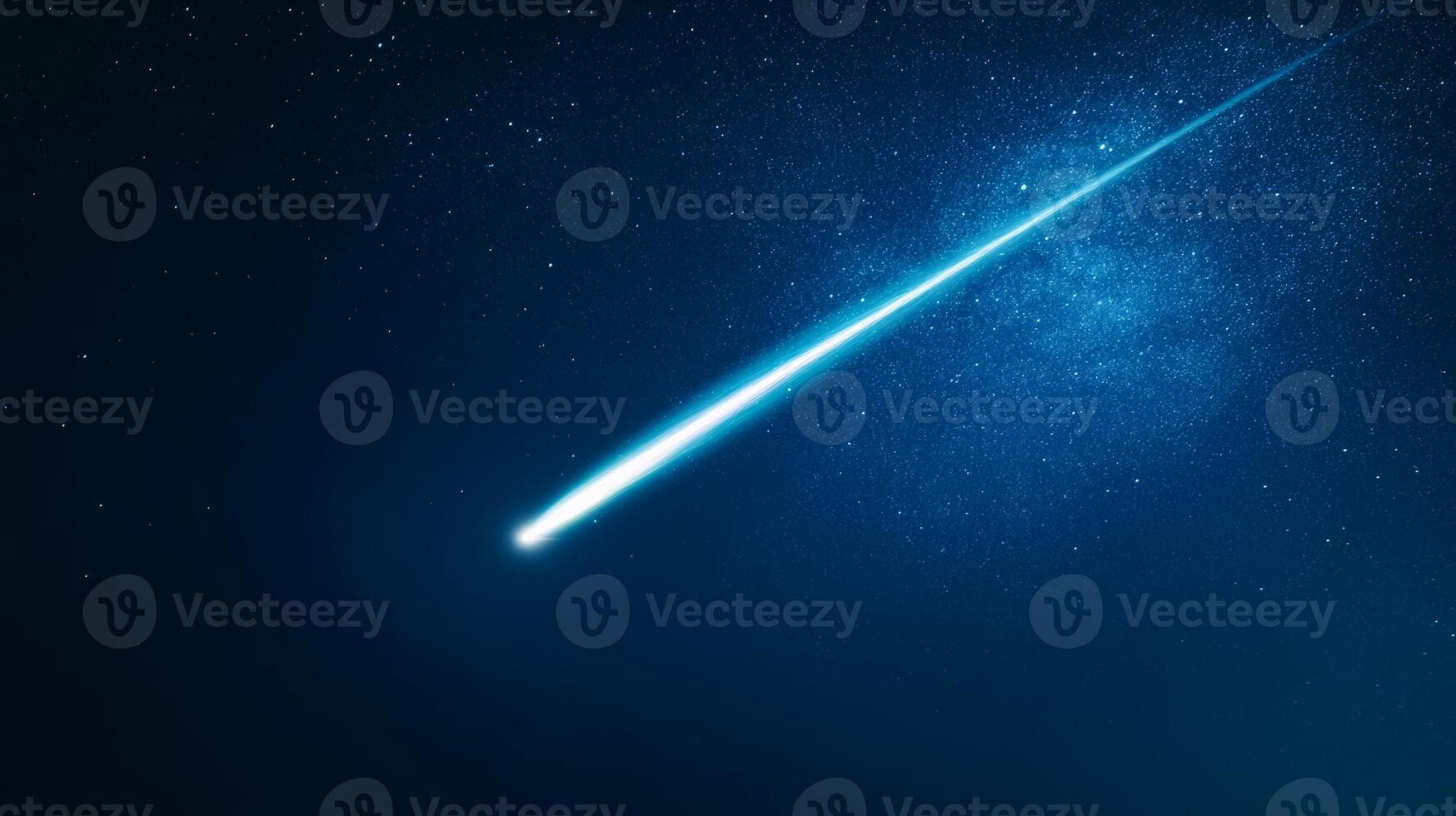 closeup of a single bright meteor streaking across the sky long exposure deep blue night sky with faint stars motion blur effect photo