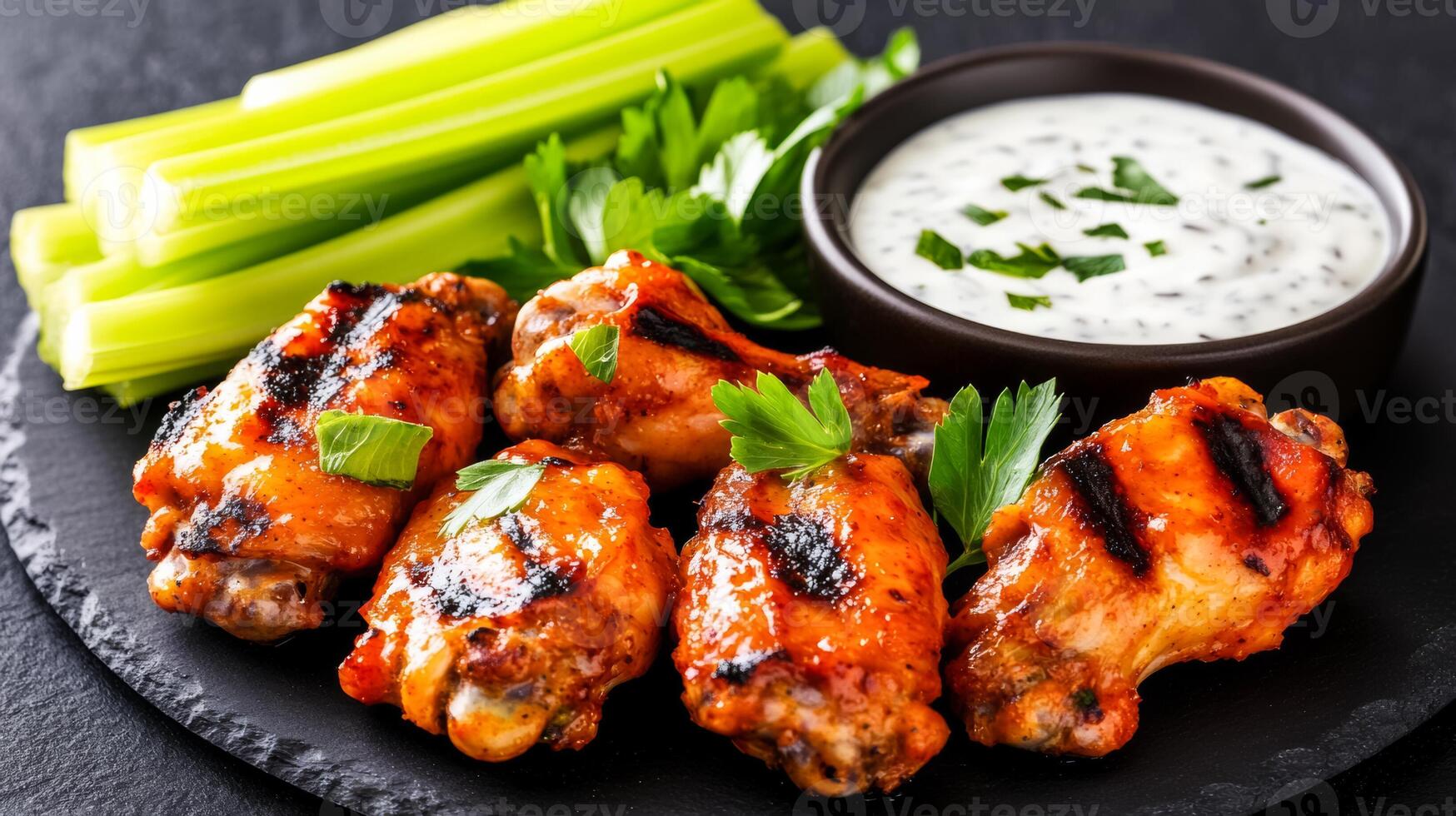 Wide shot of ranch sauce being served alongside grilled chicken wings and crunchy celery sticks set on a dark slate plate photo