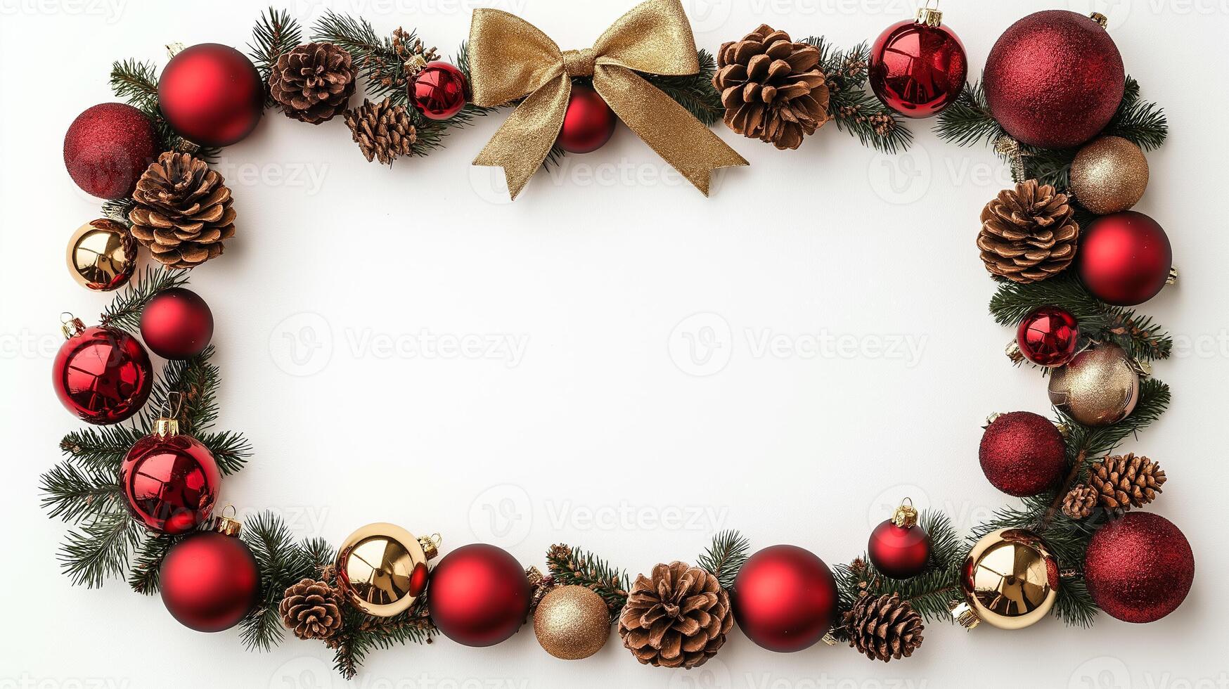 Overhead view of a picture frame decorated with Christmas ornaments like baubles pine cones and a golden ribbon bow in a rich red and gold theme isolated on a white background photo