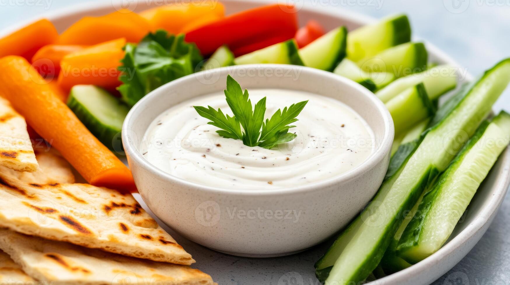 Close up of ranch sauce poured into a small dipping bowl surrounded by fresh cut vegetables and warm pita bread slices photo