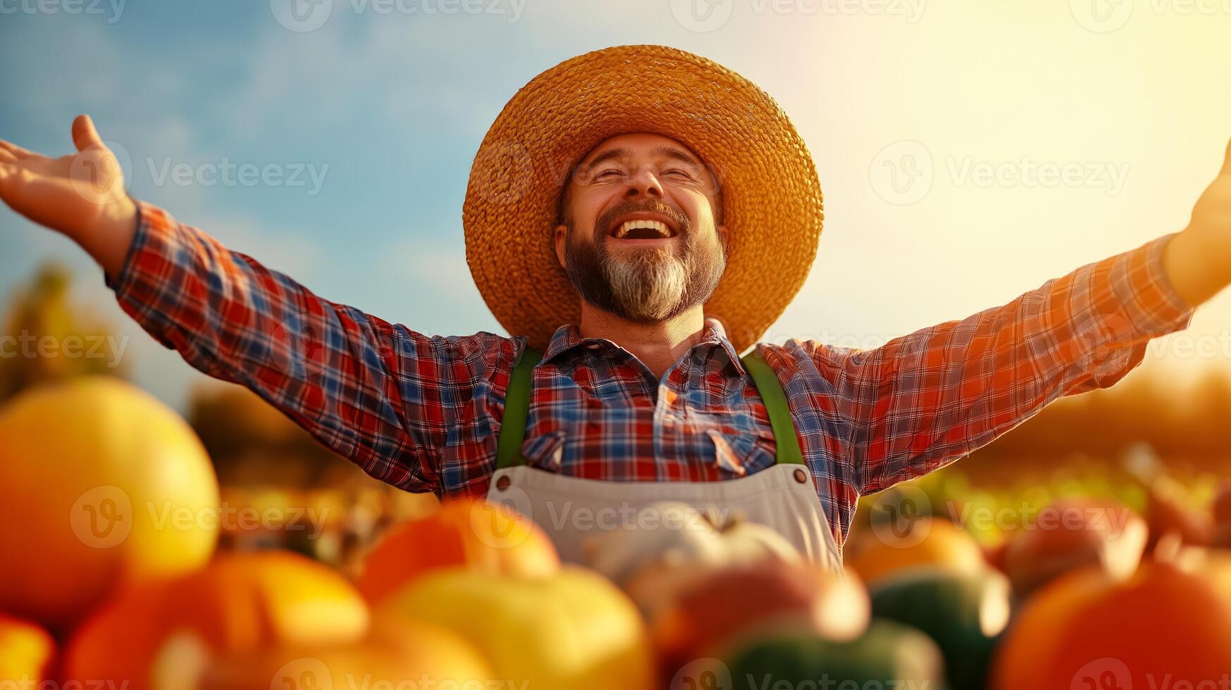 A happy farmer standing with arms outstretched welcoming customers to an autumn market stall colorful pumpkins gourds and apples all around golden autumn sunlight photo