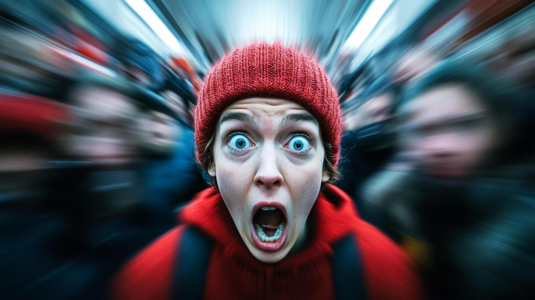 A person being jostled in a crowded space expression of panic with motion blur on the crowd to emphasize the chaos and fear photo