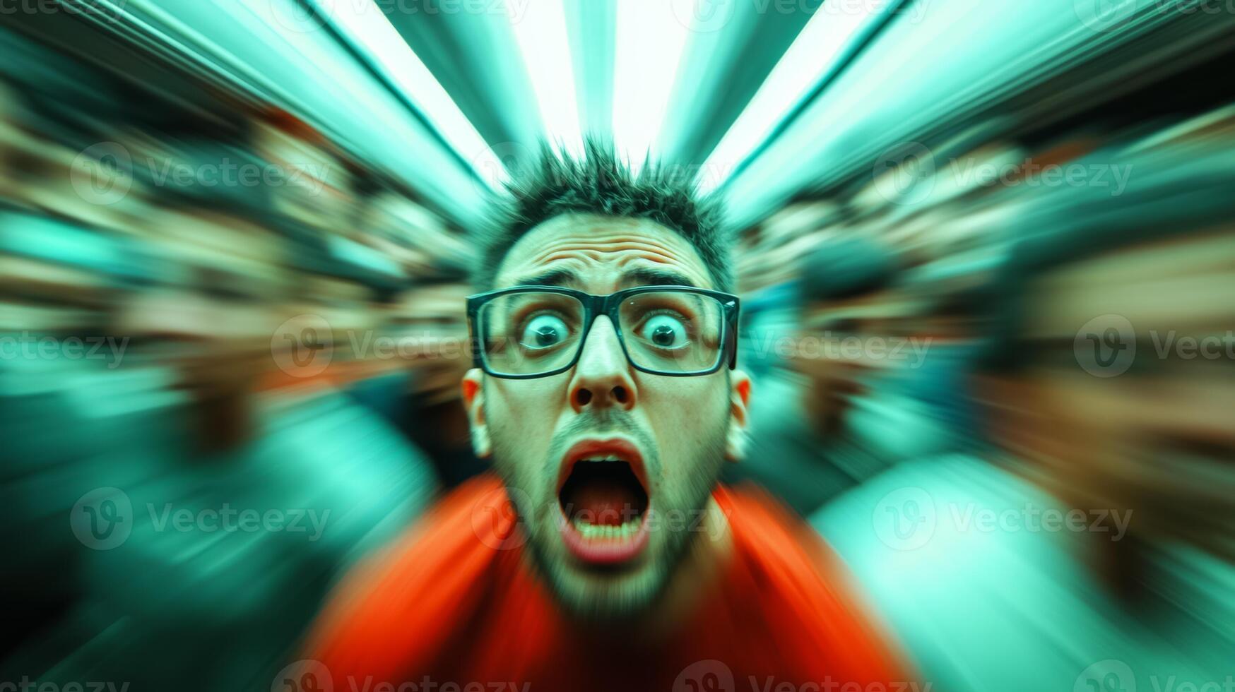 A person being jostled in a crowded space expression of panic with motion blur on the crowd to emphasize the chaos and fear photo