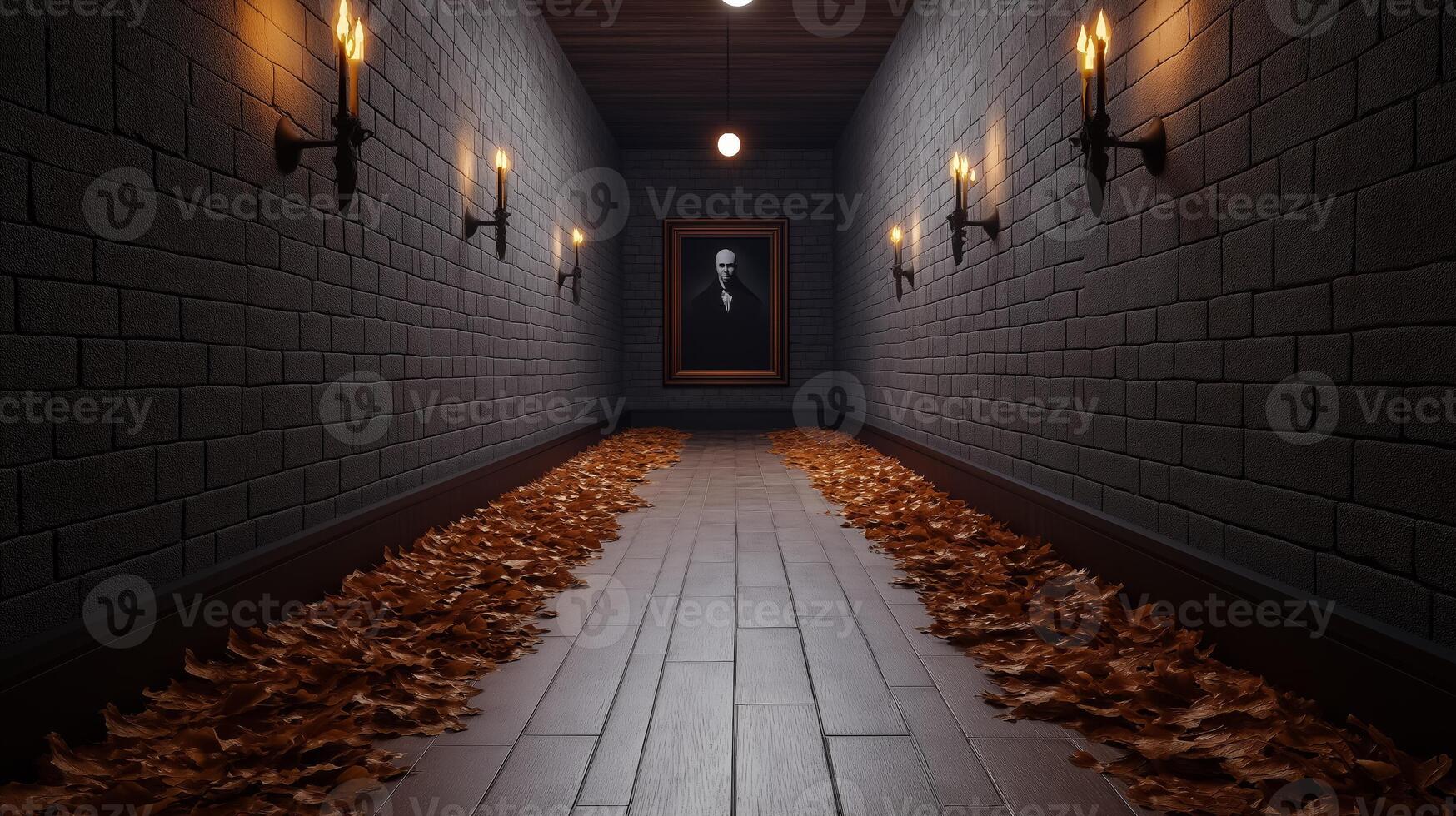 A rustic hallway with a large vampire portrait dripping candle sconces and a floor covered in faux fallen leaves with hidden eyes peeking out photo