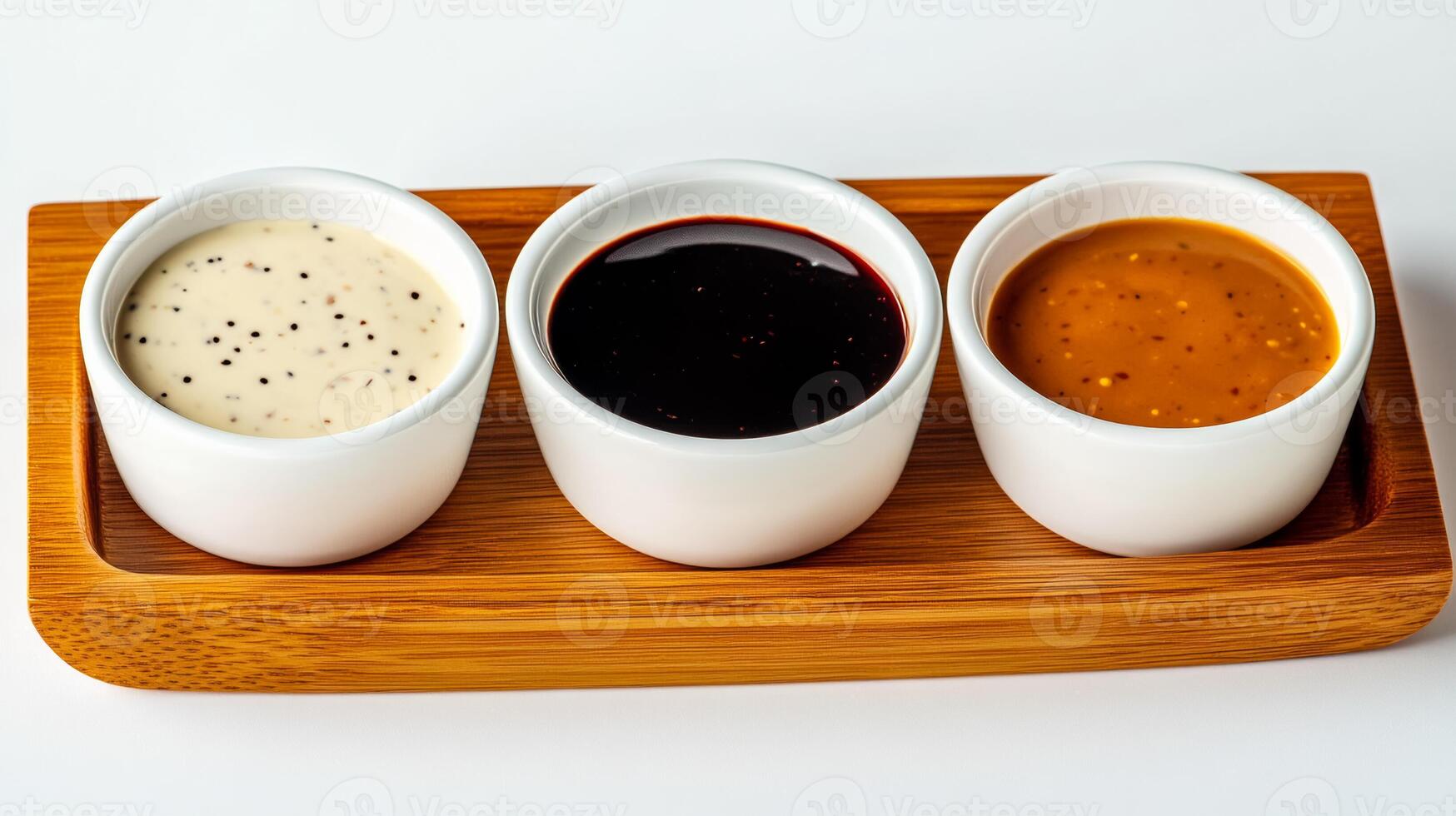A trio of dipping bowls filled with ranch barbecue and honey mustard sauces arranged neatly on a wooden serving tray photo