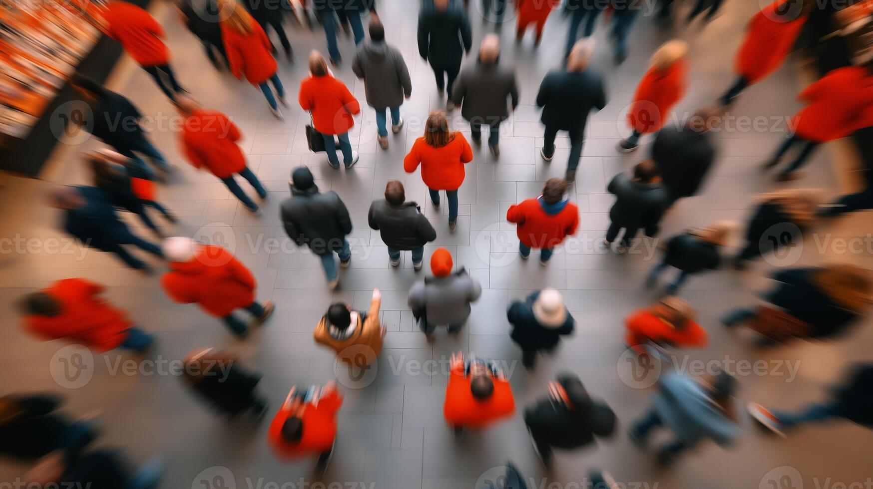 Overhead view of shoppers grabbing items from a central display in a crowded store during a Black Friday sale creating a whirl of activity and movement photo