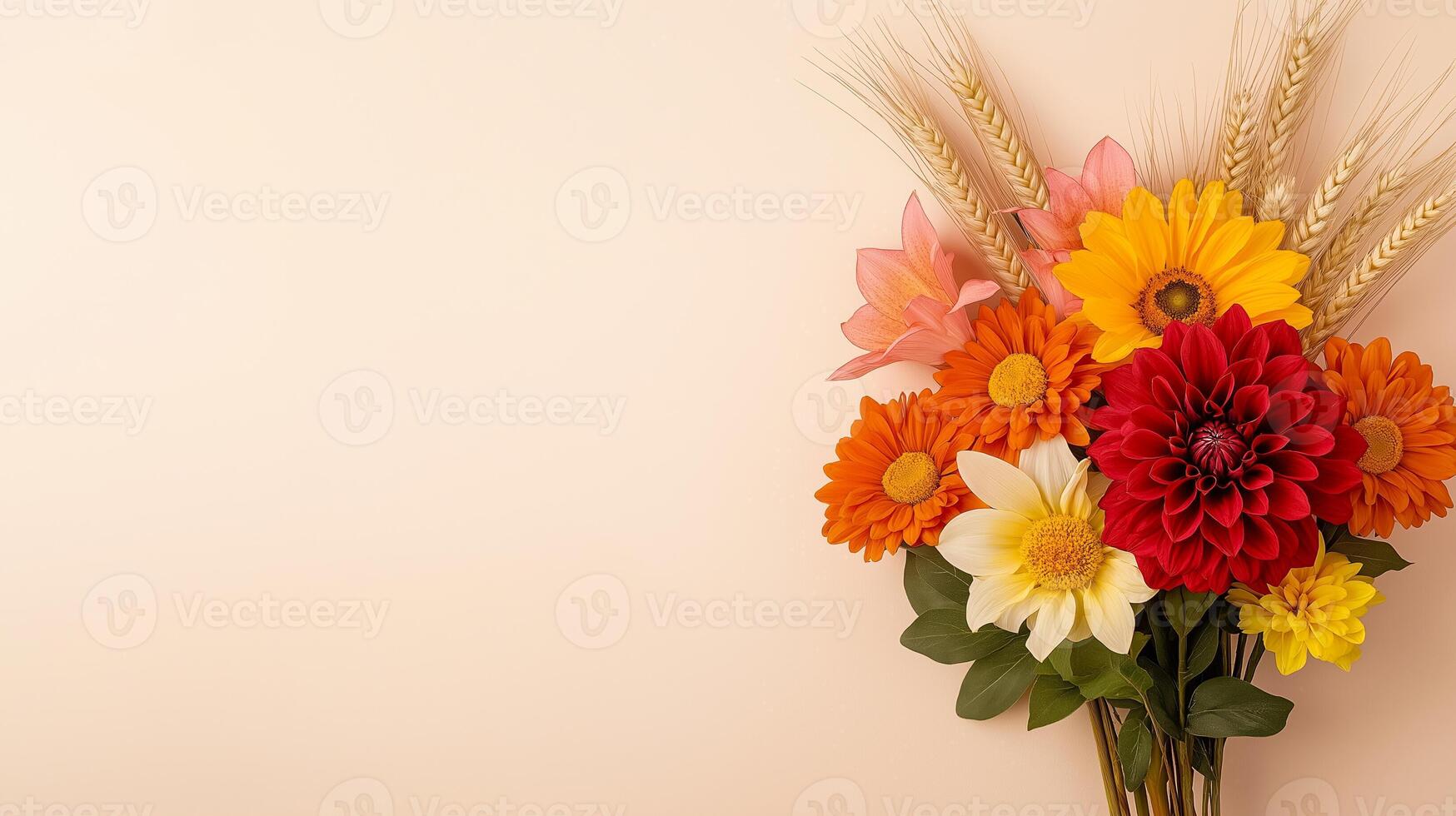 Close up of a delicate autumn bouquet with deep red dahlias orange lilies and yellow sunflowers accented with dried wheat stalks isolated on a soft gradient background photo