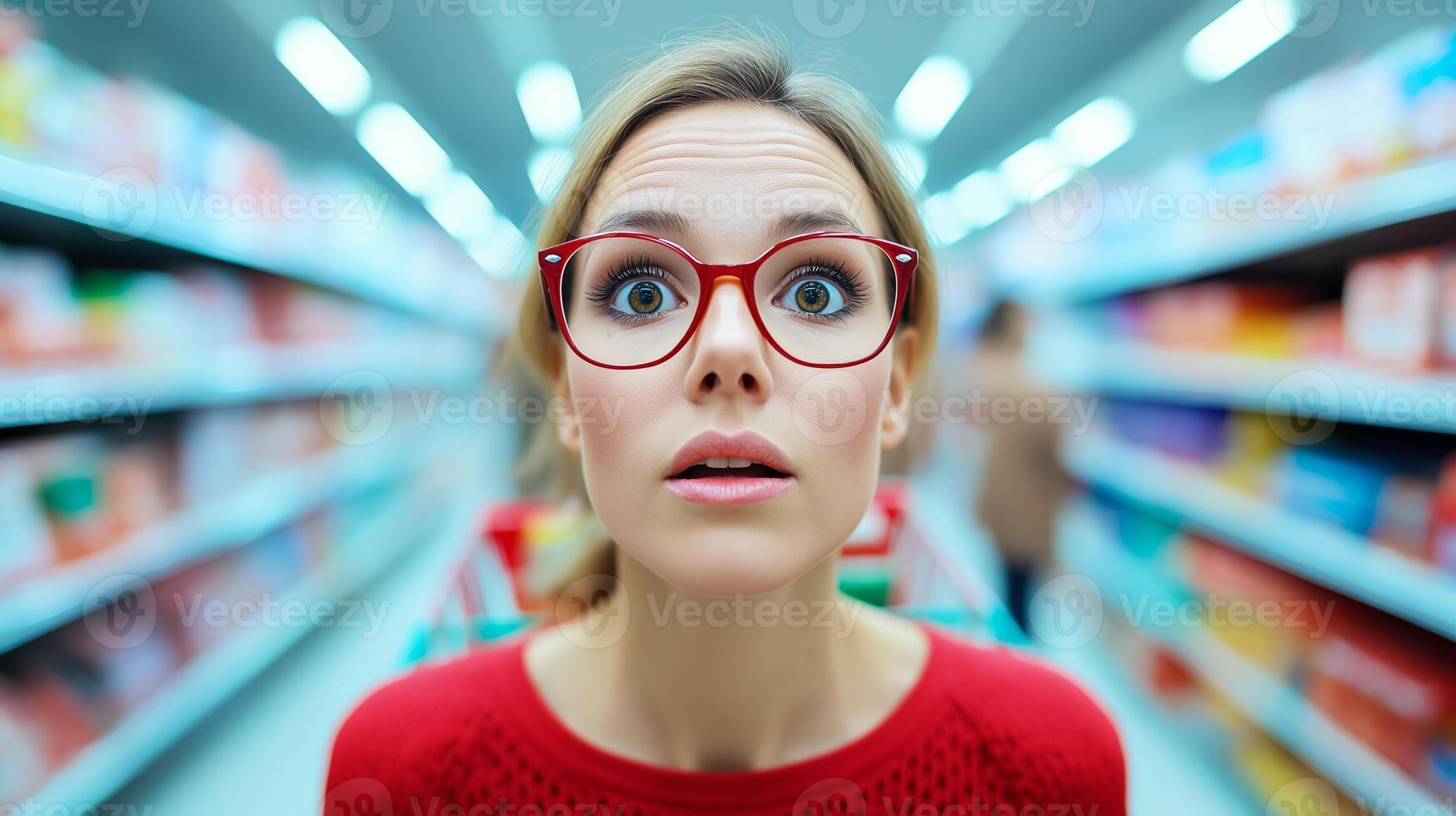 Close up of a shoppers face filled with determination pushing through a crowded aisle with a cart overflowing with Black Friday deals surrounded by others grabbing products photo