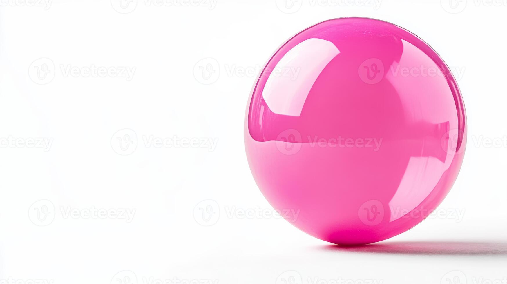 Close up of a vibrant pink bubble gum bubble being blown with glossy texture and soft reflections isolated on a white background with empty space for text photo
