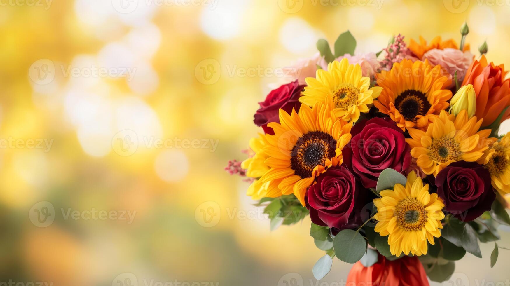 Close up of a vibrant autumn bouquet with burnt orange chrysanthemums deep red roses and yellow sunflowers tied with a ribbon against a soft blurred background of fall foliage photo