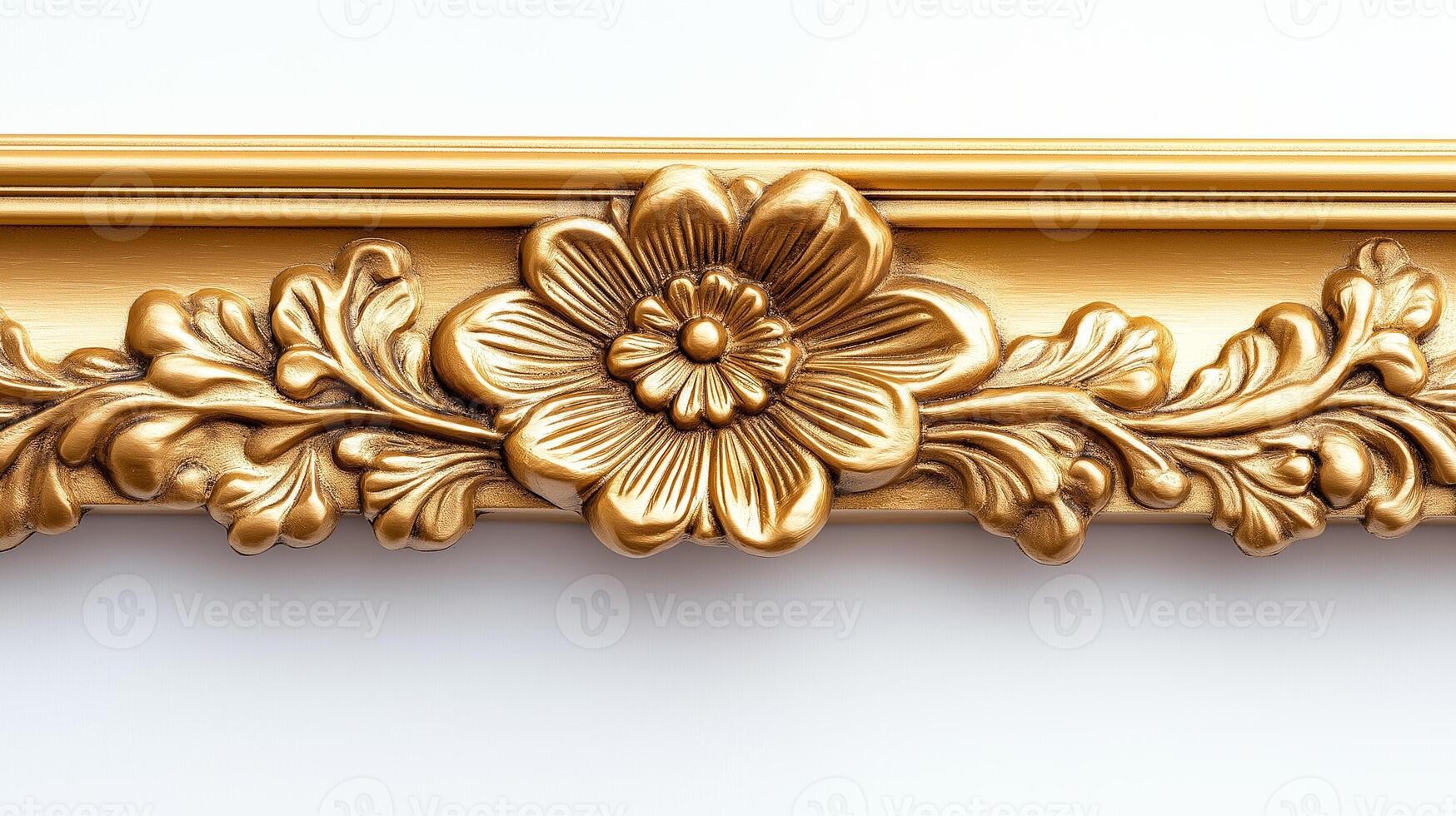 Close up of an antique ornate picture frame with intricate gold detailing and floral patterns isolated on a white background with soft shadows empty space in the center photo