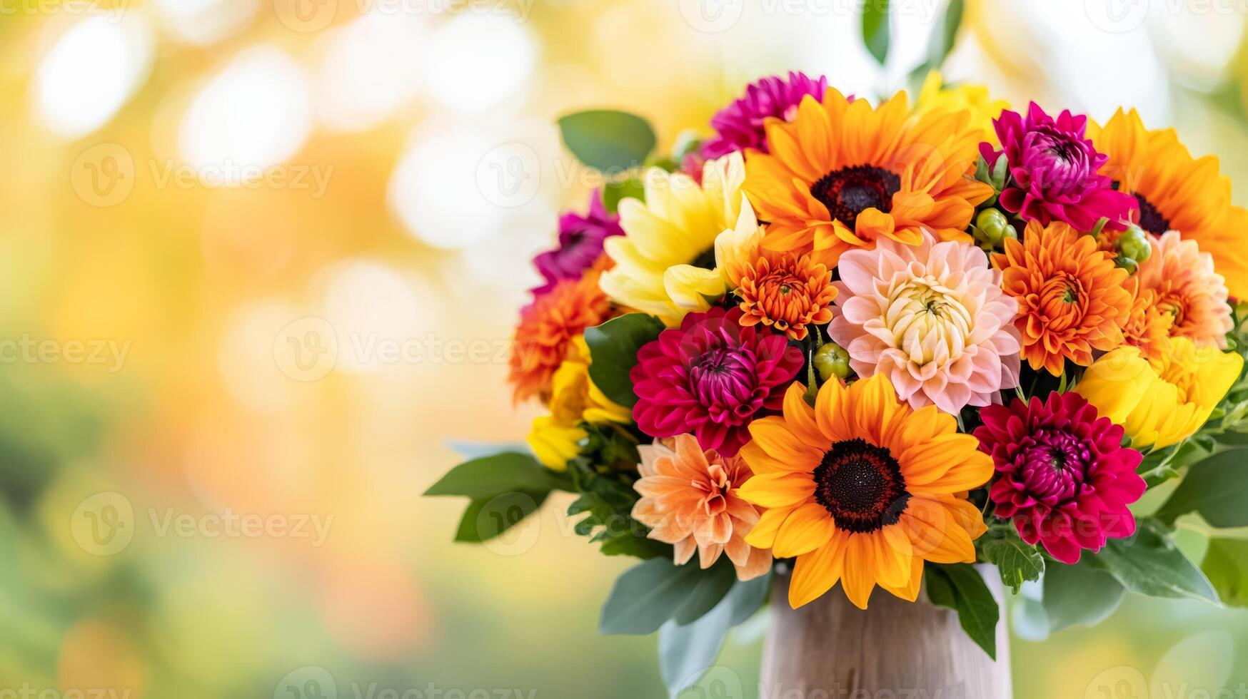 Close up of a vibrant autumn bouquet with sunflowers dahlias and chrysanthemums in rich shades of orange red and yellow arranged in a rustic vase against a soft blurred background of fall foliage photo