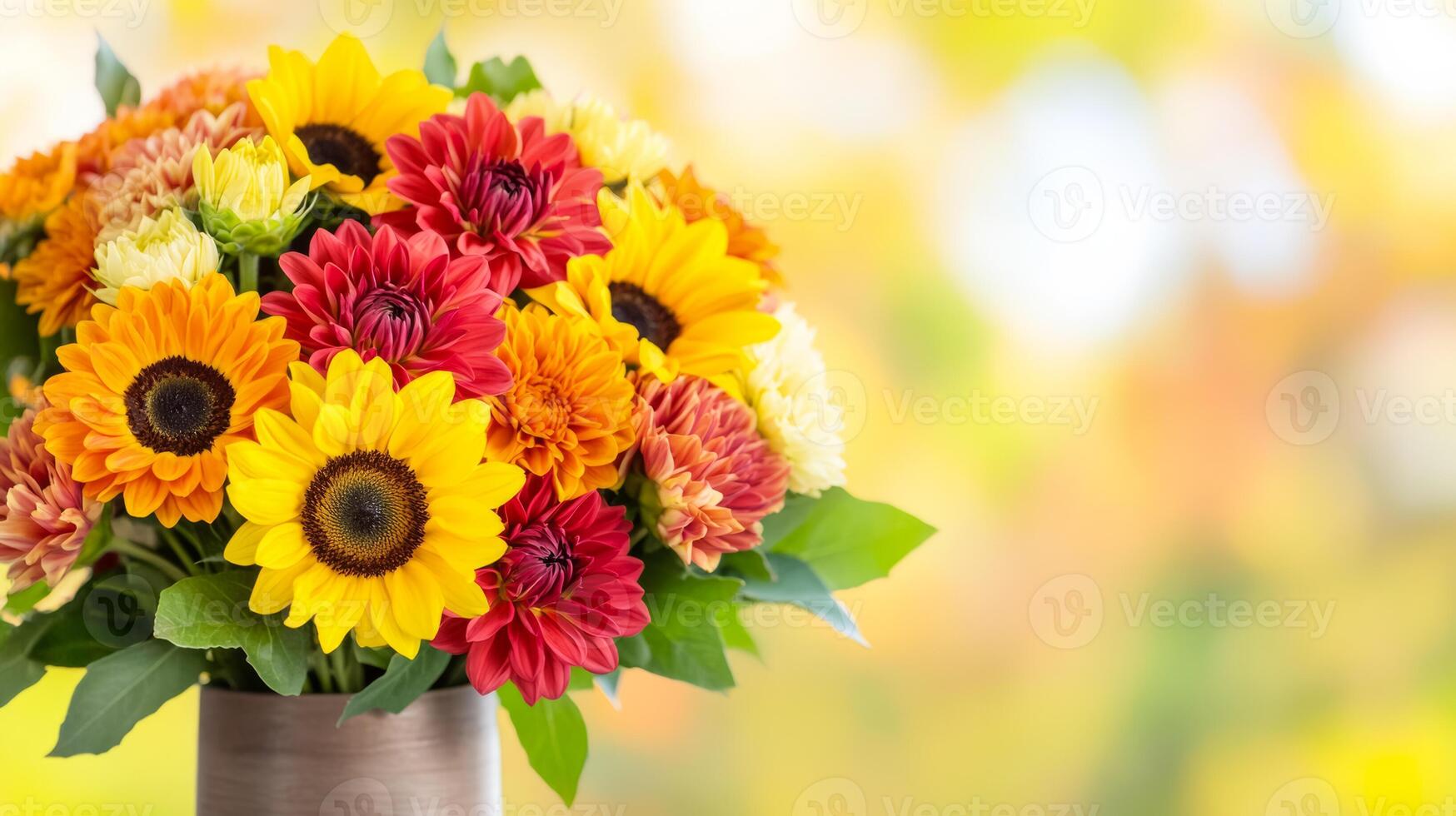 Close up of a vibrant autumn bouquet with sunflowers dahlias and chrysanthemums in rich shades of orange red and yellow arranged in a rustic vase against a soft blurred background of fall foliage photo