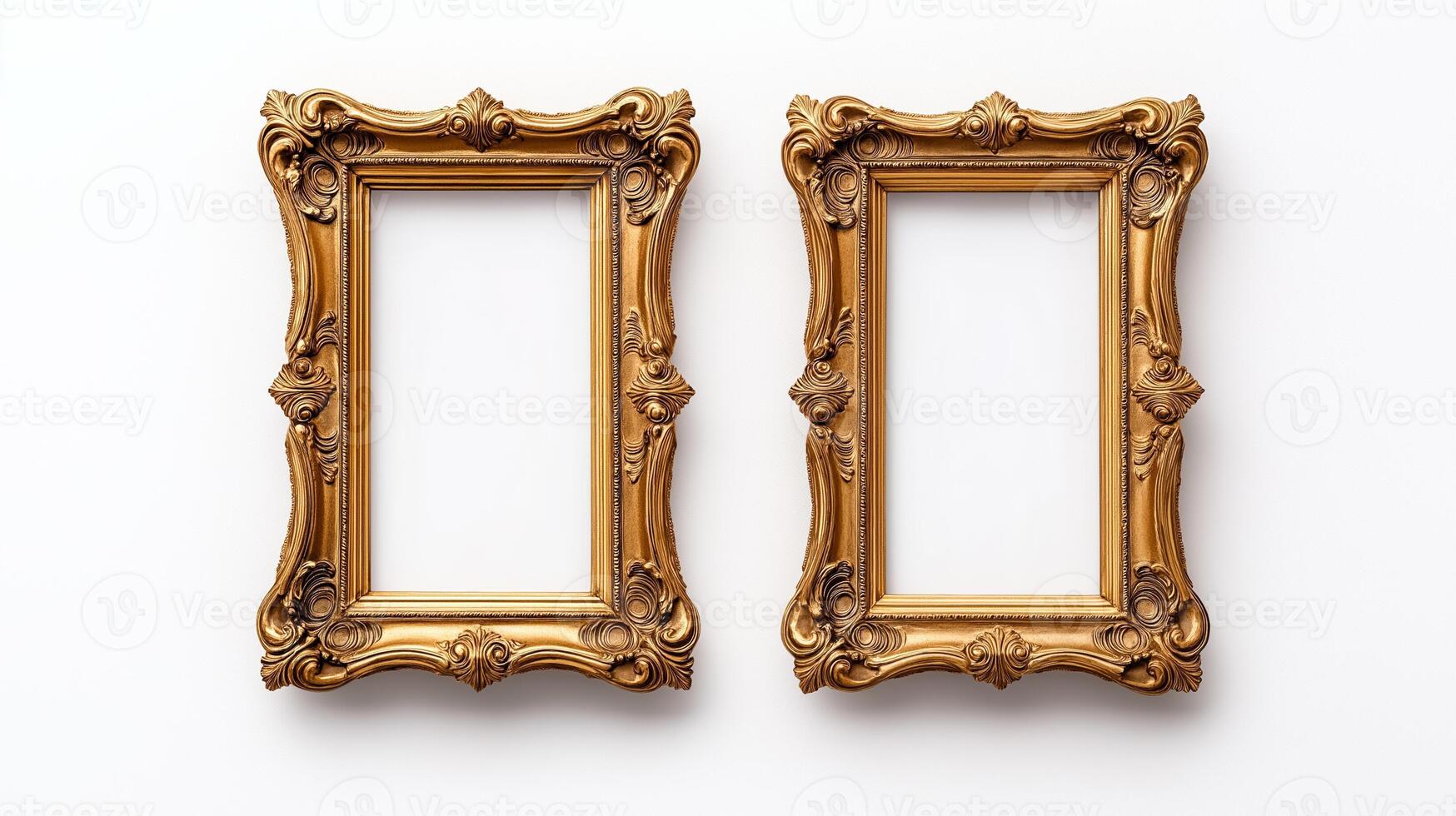Wide angle shot of a pair of matching ornate picture frames with baroque style gold detailing isolated on a white background positioned side by side photo