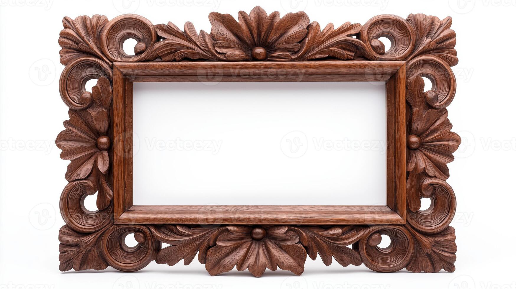 Wide angle shot of a vintage wooden picture frame with elaborate carvings and a deep mahogany finish isolated on a white background showcasing its rich texture and detail photo