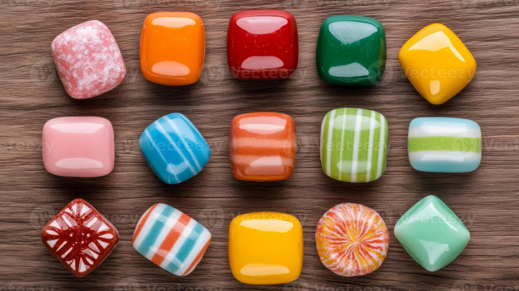 Flat lay of a variety of bubble gum wrappers in retro designs arranged in a circular pattern on a wooden surface photo