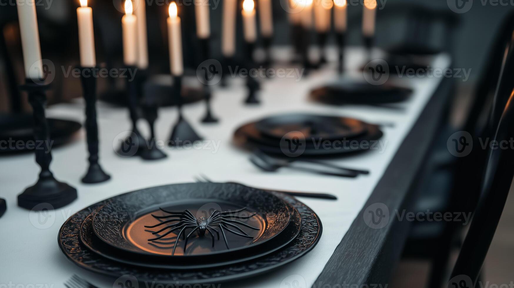 A dining room set with a long dark wooden table raven shaped candle holders and plates decorated with intricate spider designs on a white tablecloth photo