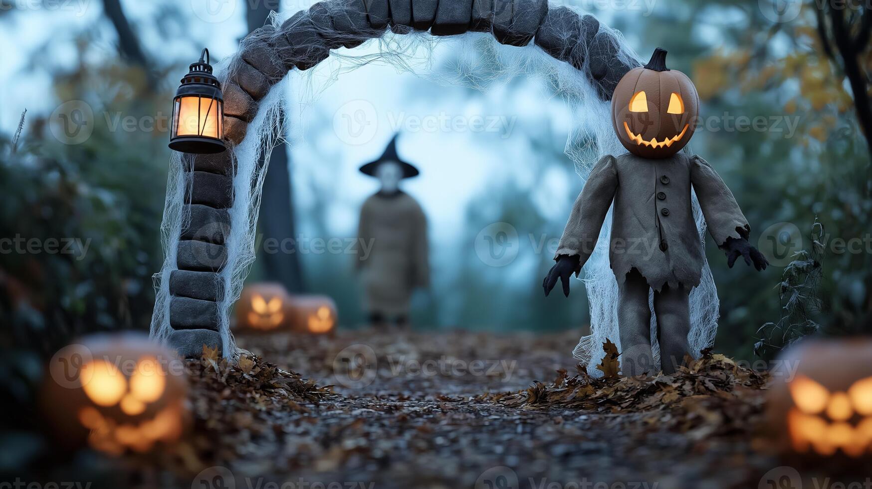 Eerie Halloween garden archway covered in cobwebs lanterns flickering dimly dead leaves scattered around with a creepy scarecrow standing guard photo