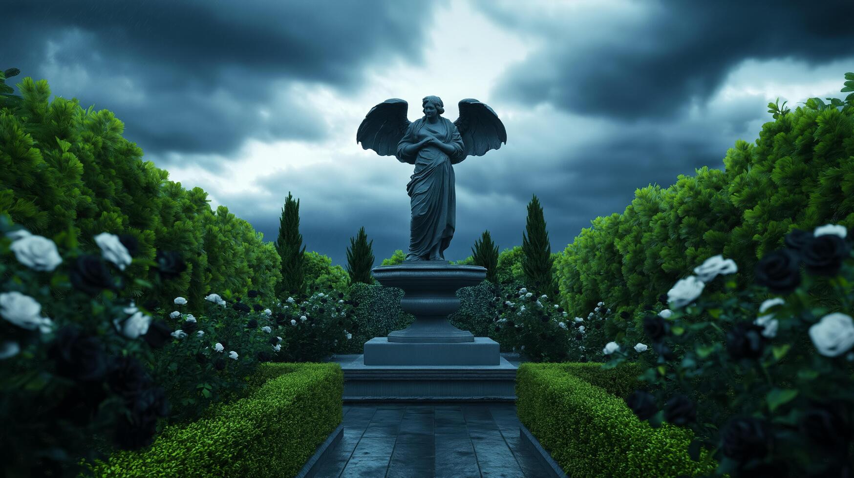 Gothic Halloween garden with a stone gargoyle fountain black roses blooming under an ominous sky shadowy figures lurking in the corners photo