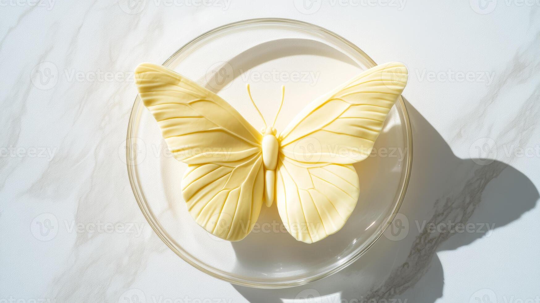Overhead shot of a butter sculpture of a detailed butterfly with spread wings sitting atop a smooth glass plate soft sunlight casting long shadows pale yellow color photo
