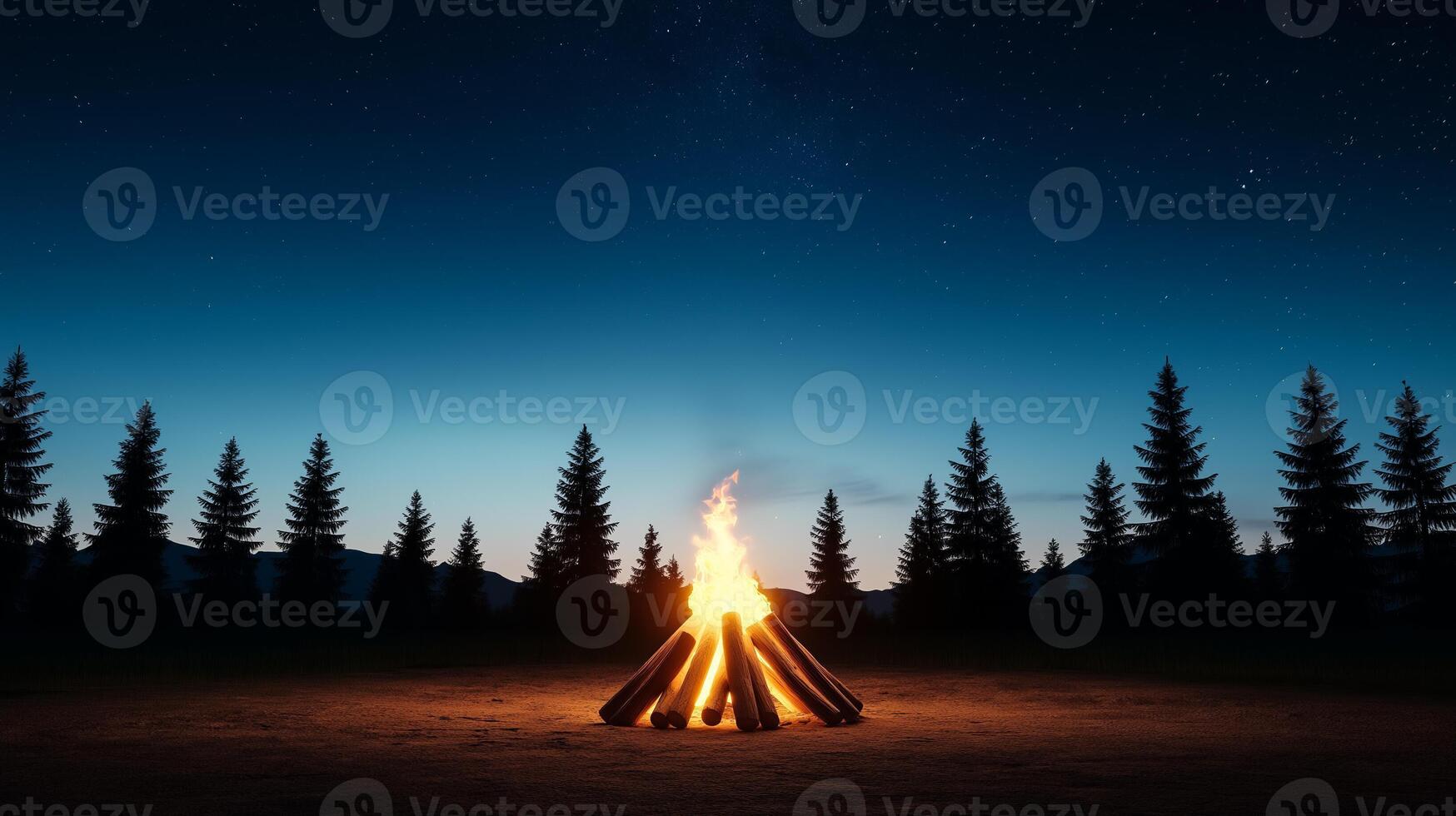 Nighttime ranch scene with a glowing bonfire surrounded by wooden logs under a starry sky with silhouetted trees photo