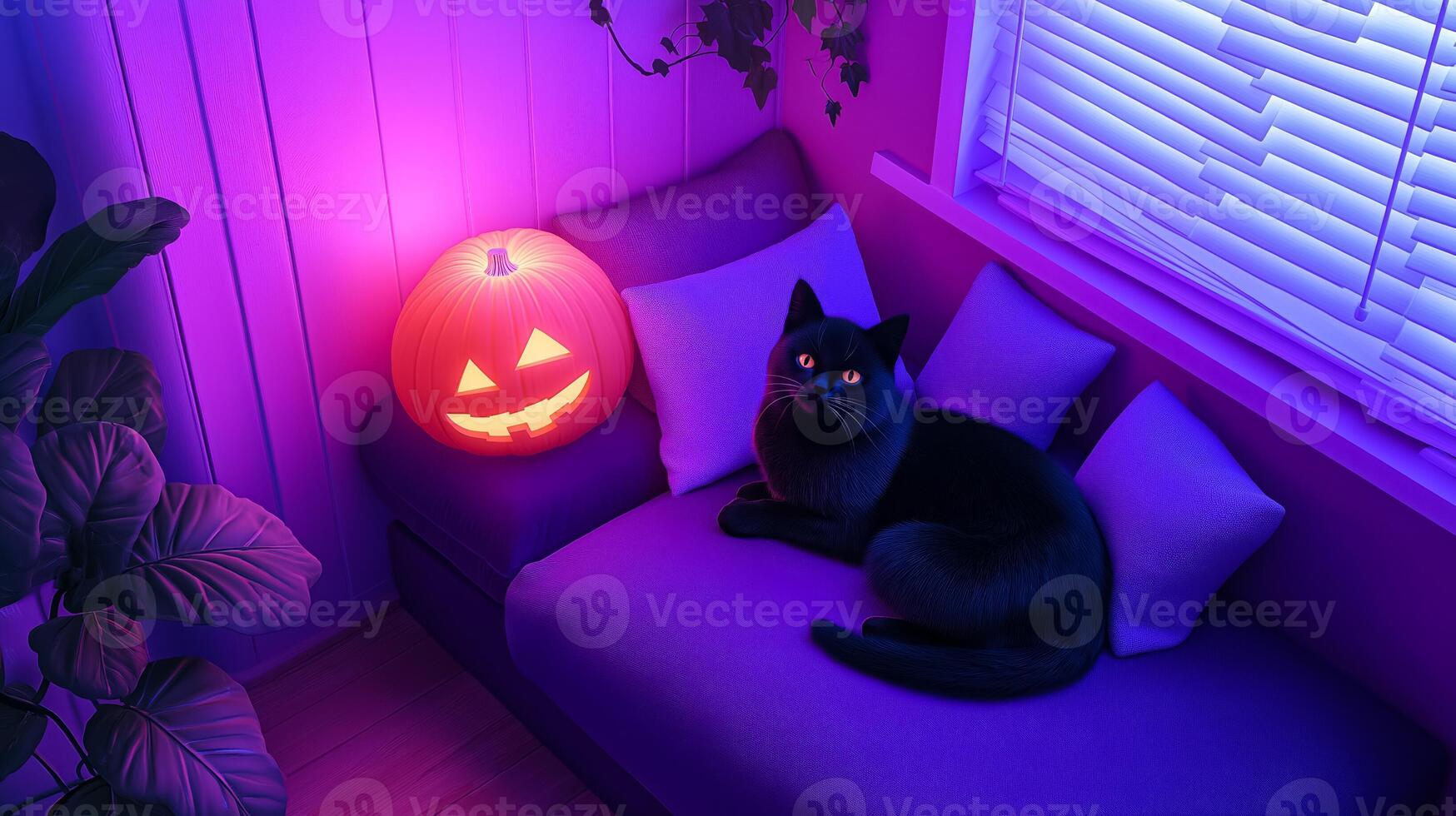 Overhead shot of a cozy reading nook with Halloween themed cushions a black cat curled up and a spooky lamp casting shadows photo
