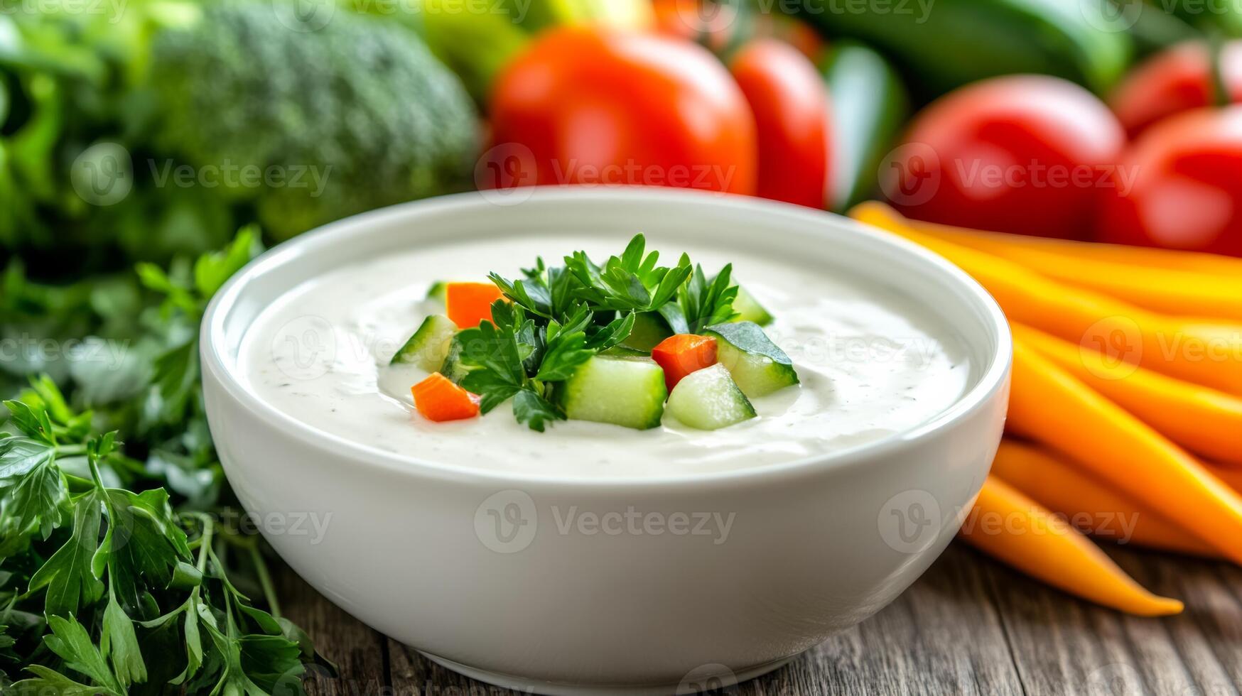 Close up of a bowl filled with rich creamy ranch sauce garnished with fresh herbs surrounded by crispy vegetables on a rustic wooden table photo