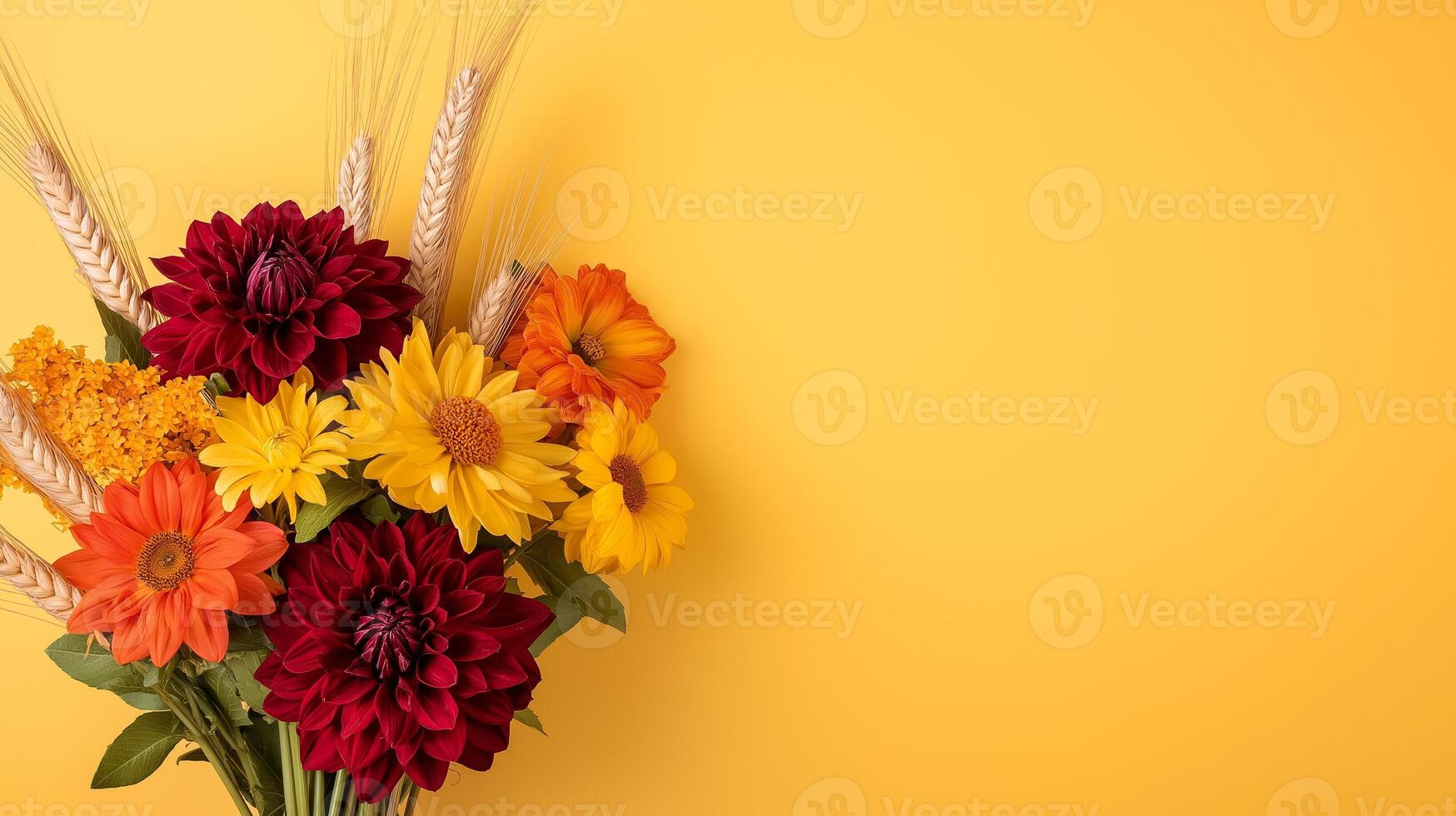 Close up of a delicate autumn bouquet with deep red dahlias orange lilies and yellow sunflowers accented with dried wheat stalks isolated on a soft gradient background photo
