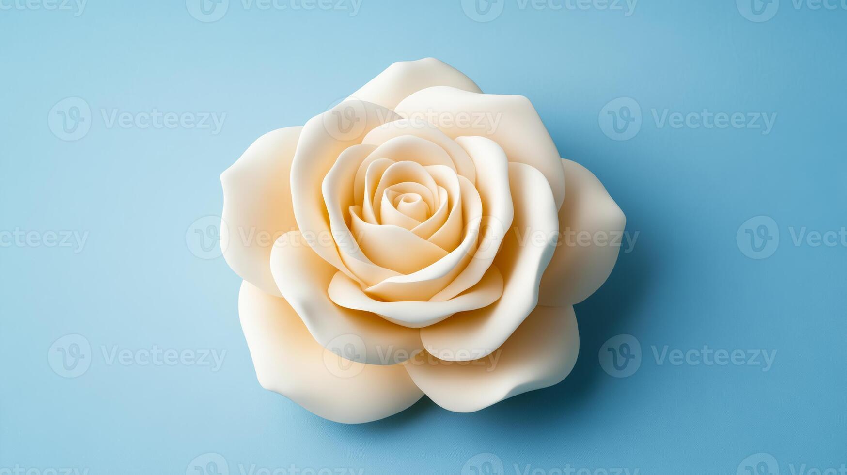 Butter sculpture of a delicate blooming rose with petals layered in a spiral isolated on a pastel blue gradient background soft shadows creamy texture photo