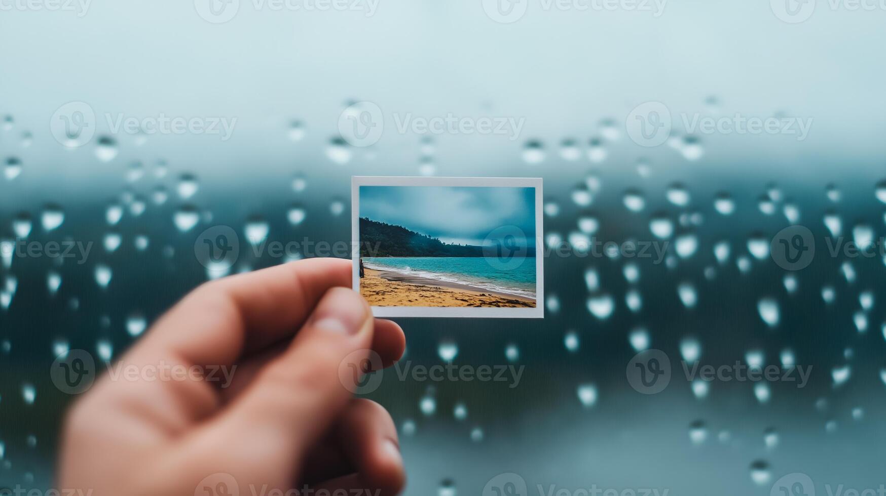 Close up of a persons hand holding a photo of a beach against a gray rainy window symbolizing the contrast between vacation joy and post vacation depression