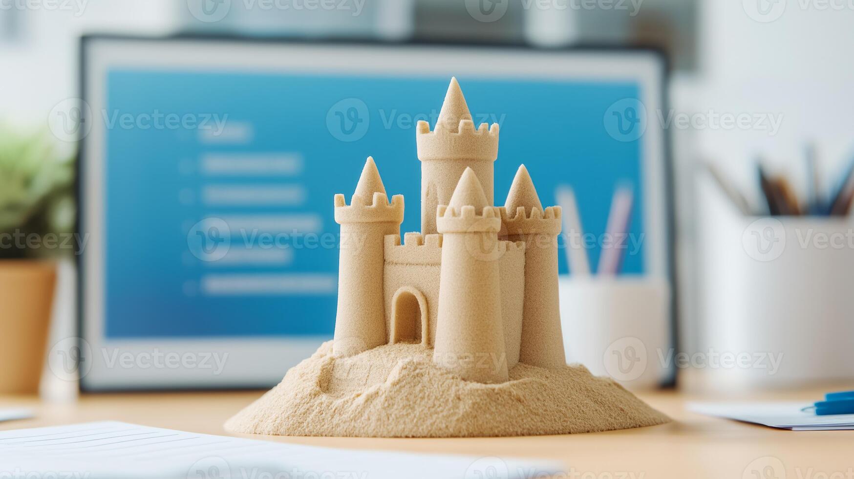 Close up of a sandcastle photo in a frame on a desk with a to do list and work documents scattered around symbolizing post vacation melancholy