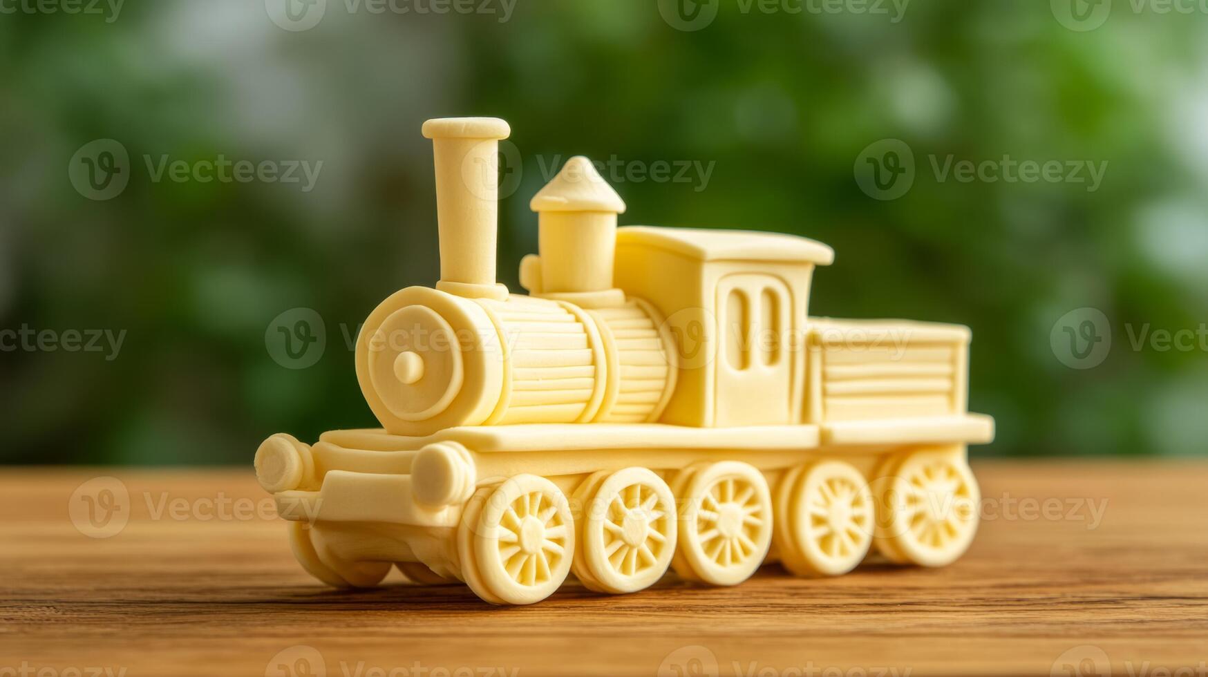 Close up of a whimsical butter sculpture of a vintage train engine complete with wheels and a smokestack placed on a wooden table rich yellow tone textured details photo