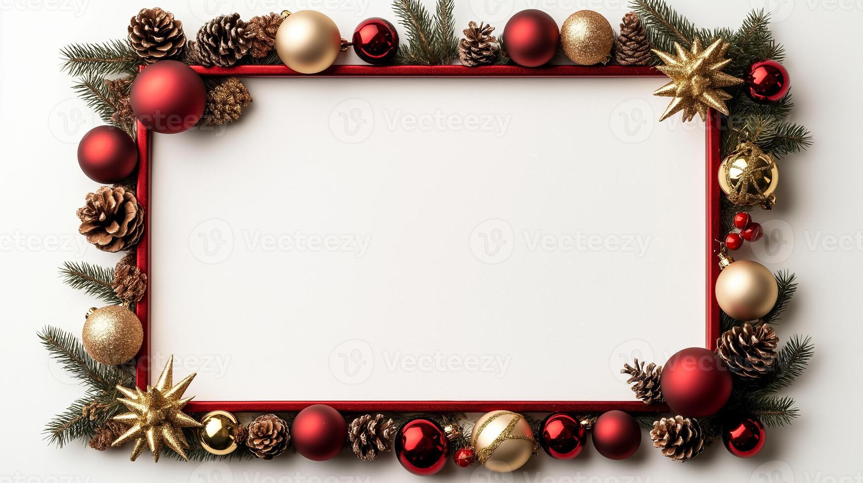 Overhead view of a picture frame decorated with Christmas ornaments like baubles pine cones and a golden ribbon bow in a rich red and gold theme isolated on a white background photo