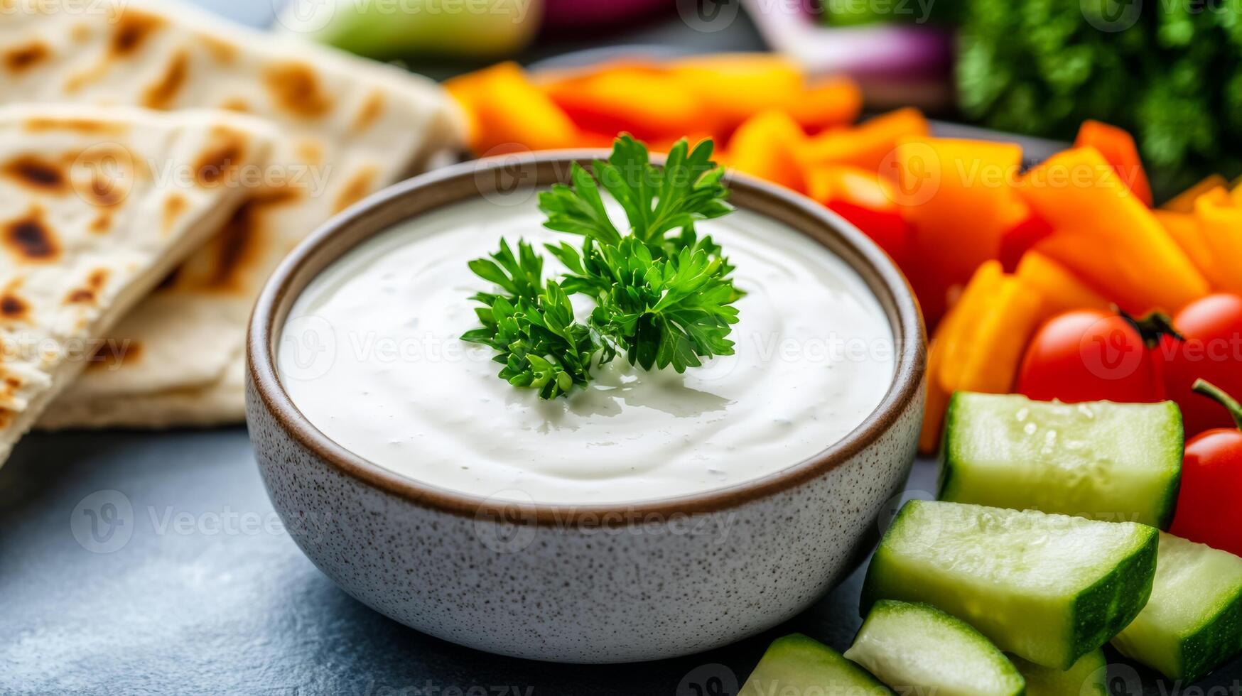 Close up of ranch sauce poured into a small dipping bowl surrounded by fresh cut vegetables and warm pita bread slices photo