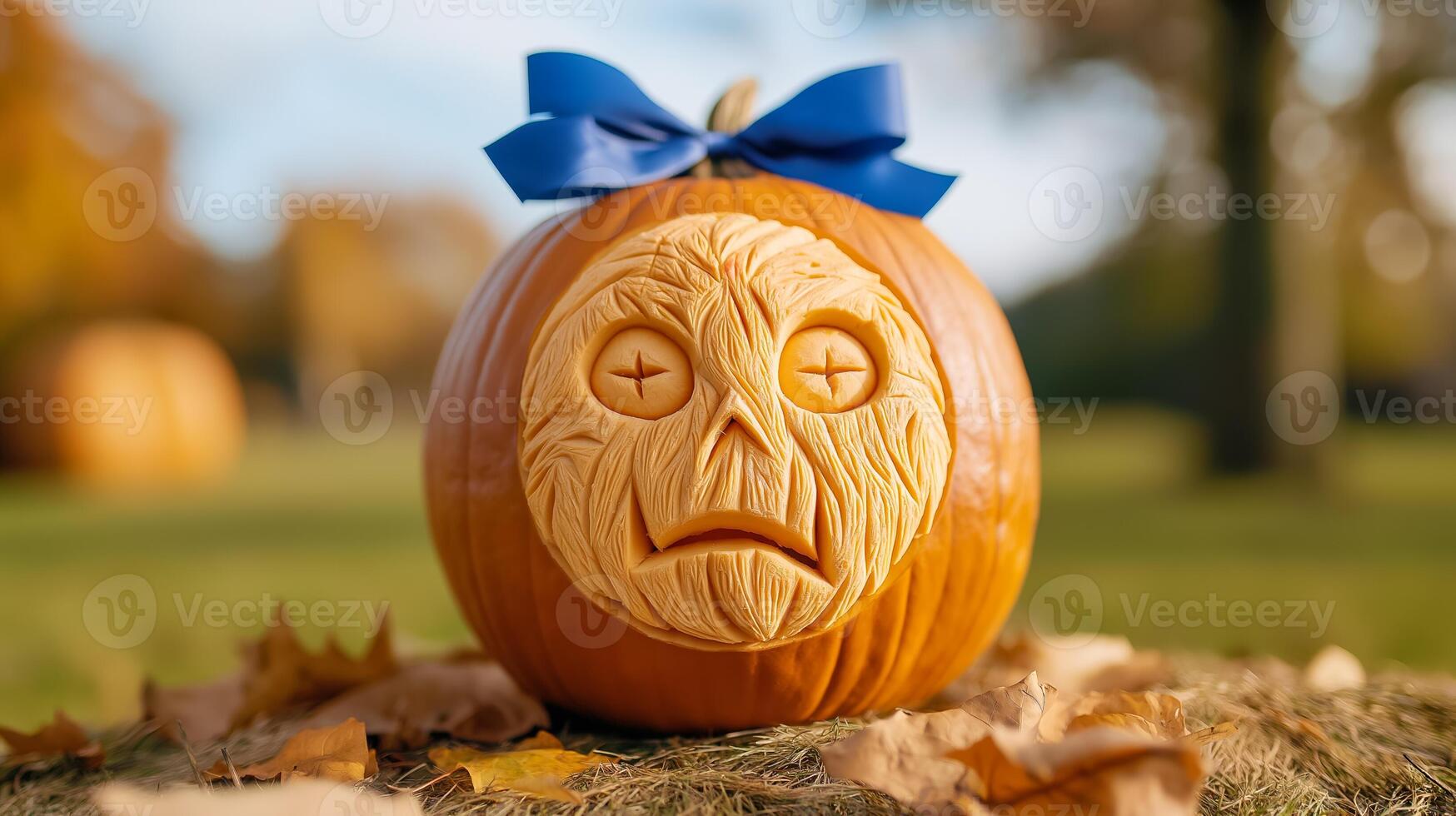 Closeup of a winning pumpkin with a blue ribbon attached featuring an artistic intricate carving set against a backdrop of hay bales and autumn leaves photo