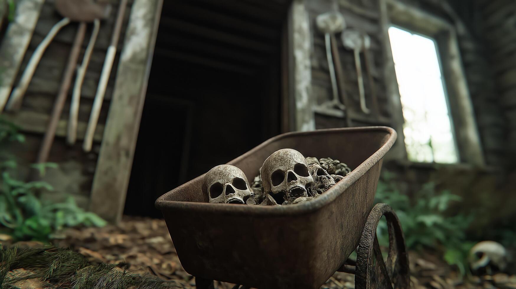 Creepy garden shed with rusty tools hanging cobweb covered corners old wheelbarrow filled with bones dark and foreboding atmosphere photo