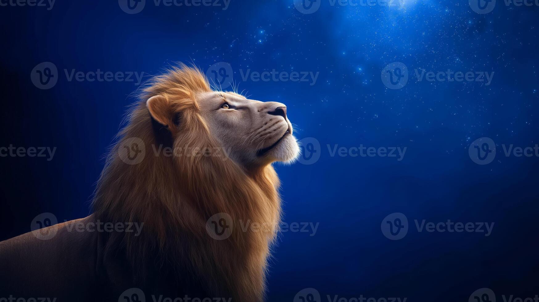 Side view of a lion with a glowing mane standing before a towering light portal with cosmic symbols and starry constellations swirling in the sky representing the Lions Gate portal photo