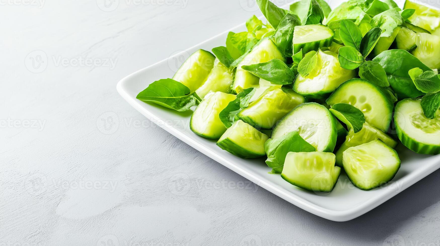 Side view of a minimalist cucumber salad with diced cucumbers avocado and lime wedges on a white rectangular plate empty space for text photo