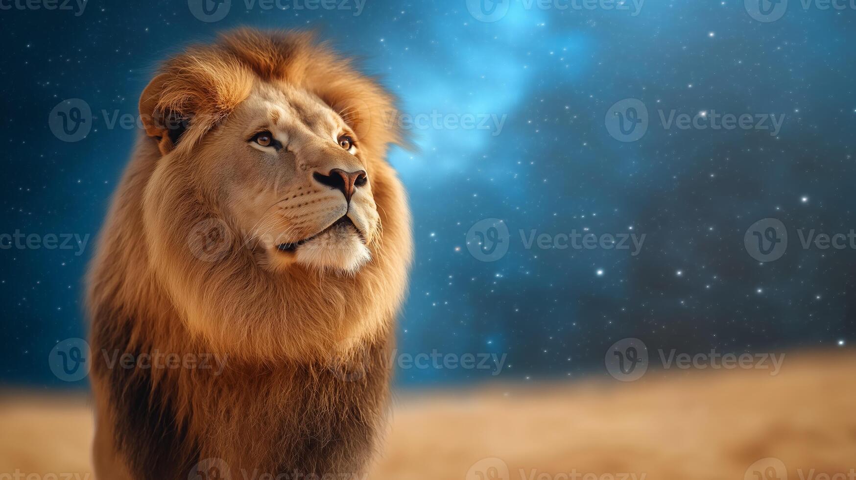 Side view of a lion walking through a shimmering portal with cosmic light patterns and starry constellations visible through the gateway representing the Lions Gate portal photo
