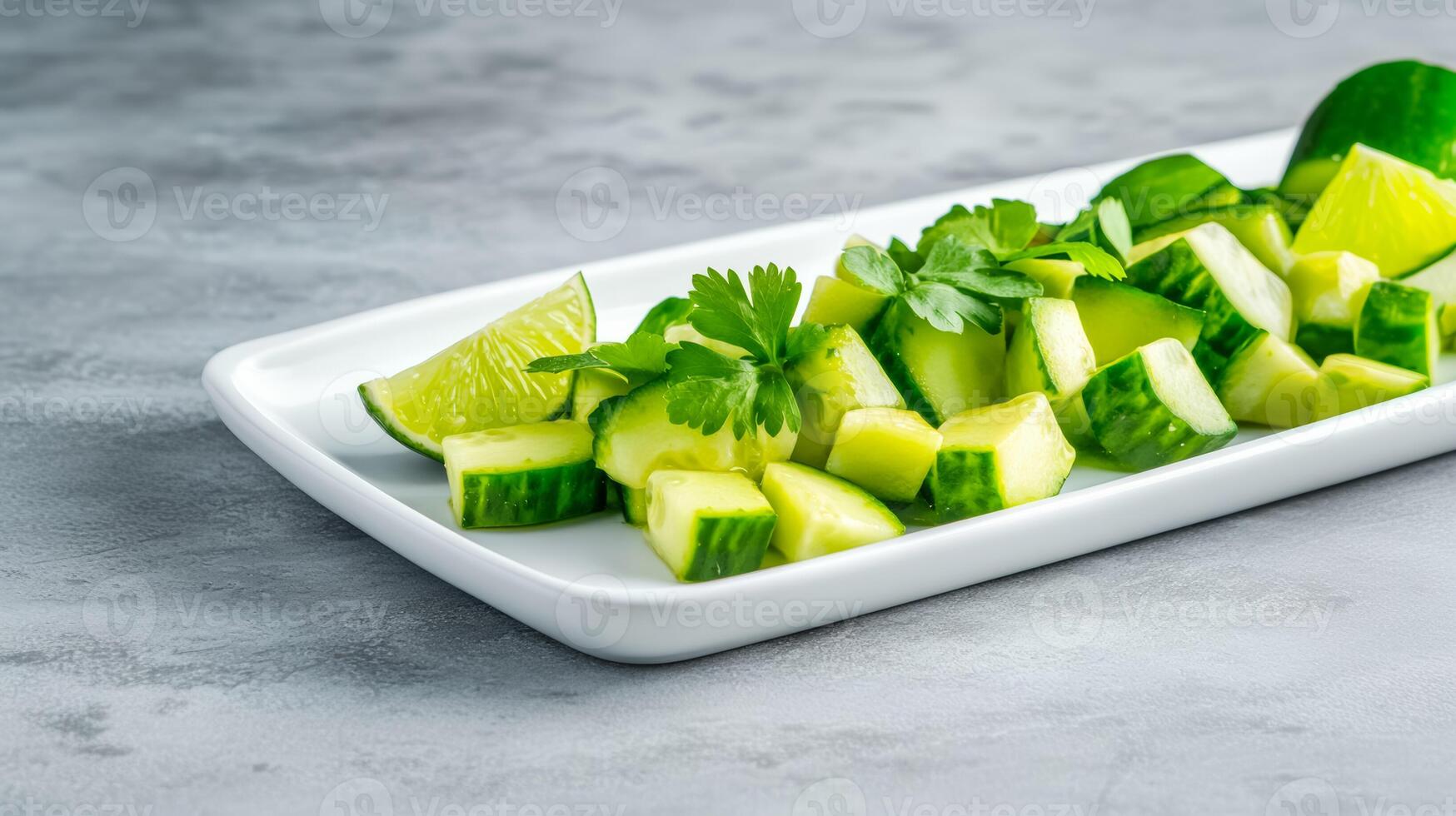Side view of a minimalist cucumber salad with diced cucumbers avocado and lime wedges on a white rectangular plate empty space for text photo