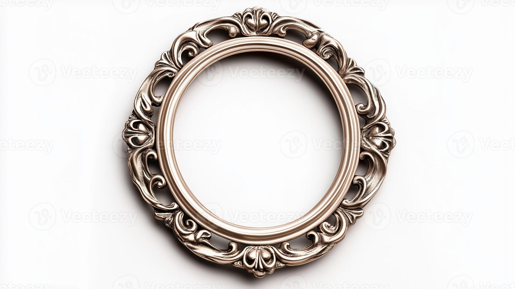 Side view of a vintage oval picture frame with a delicate lace like pattern and a slightly tarnished silver finish isolated on a white background with soft diffused shadows photo