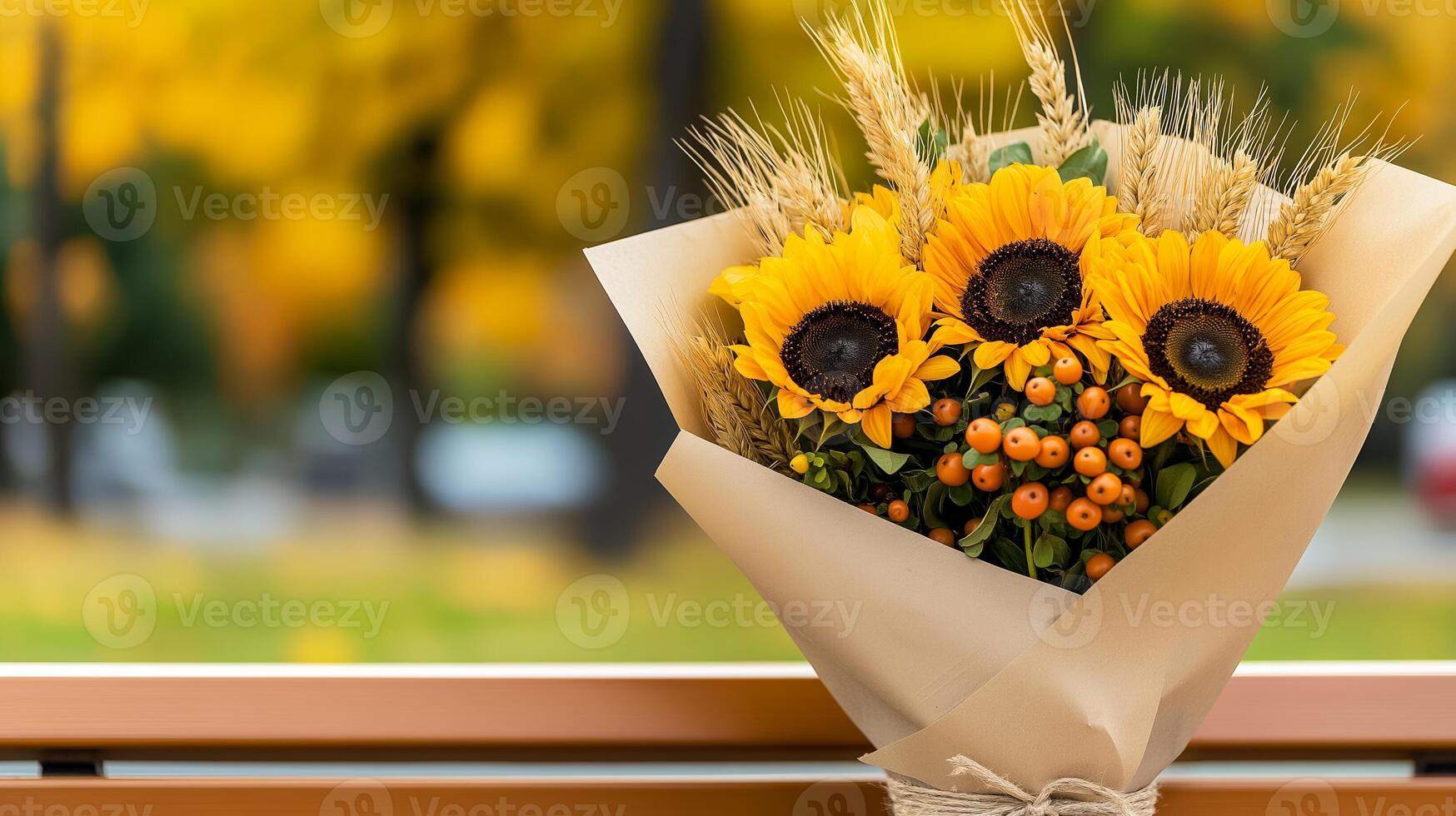 Side view of a rustic autumn bouquet with sunflowers dried wheat stalks and berries wrapped in kraft paper placed on a wooden bench with a blurred background of fall trees photo