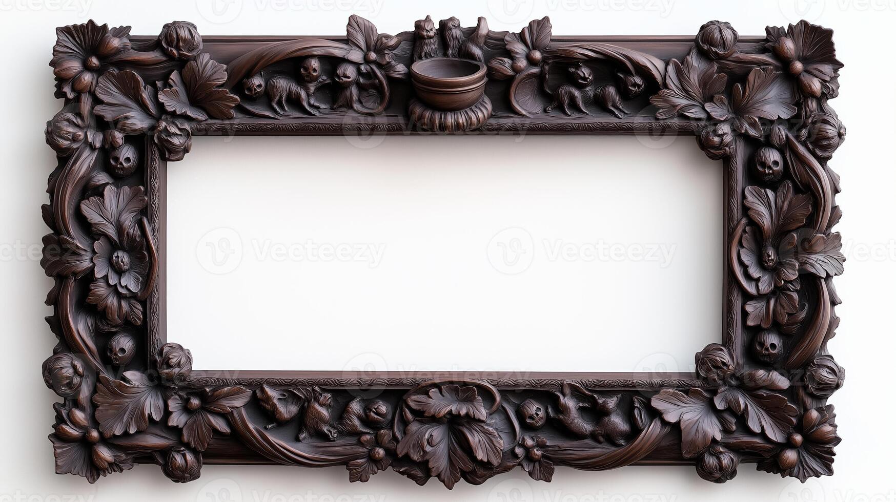 Top down shot of a rectangular Halloween style frame with intricate carvings of witches cauldrons and black cats in a dark vintage finish isolated on a white background photo