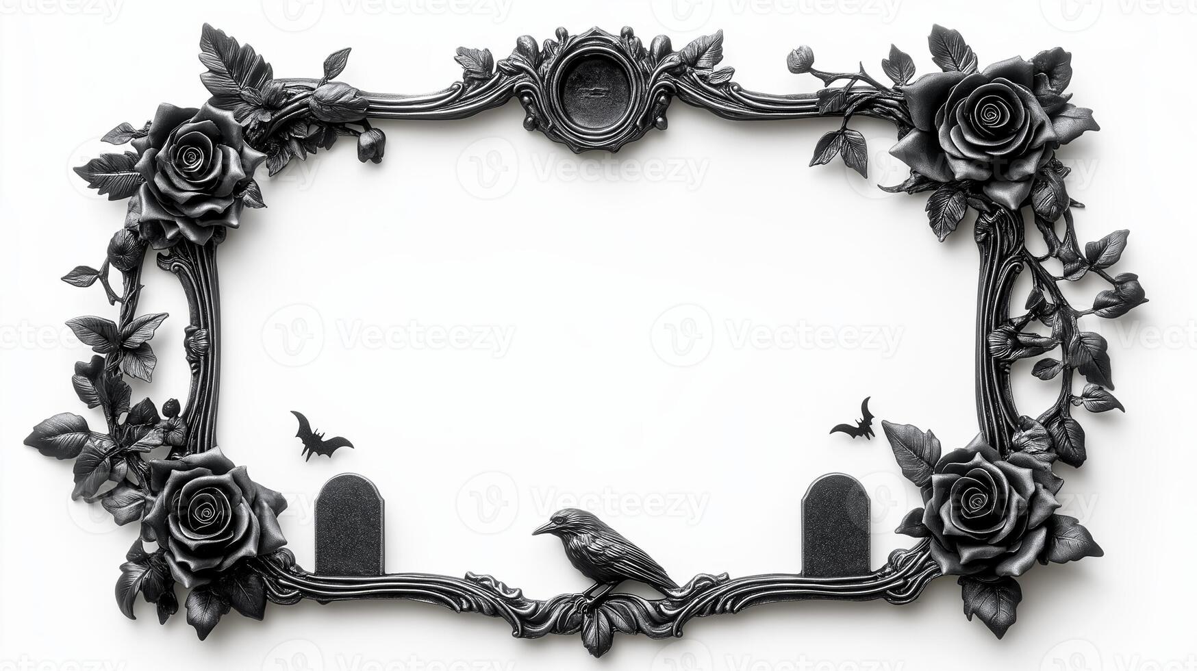 Top view of a Halloween themed frame adorned with eerie details such as tombstones black roses and a crow perched on a branch in an aged silver finish isolated on a white background photo