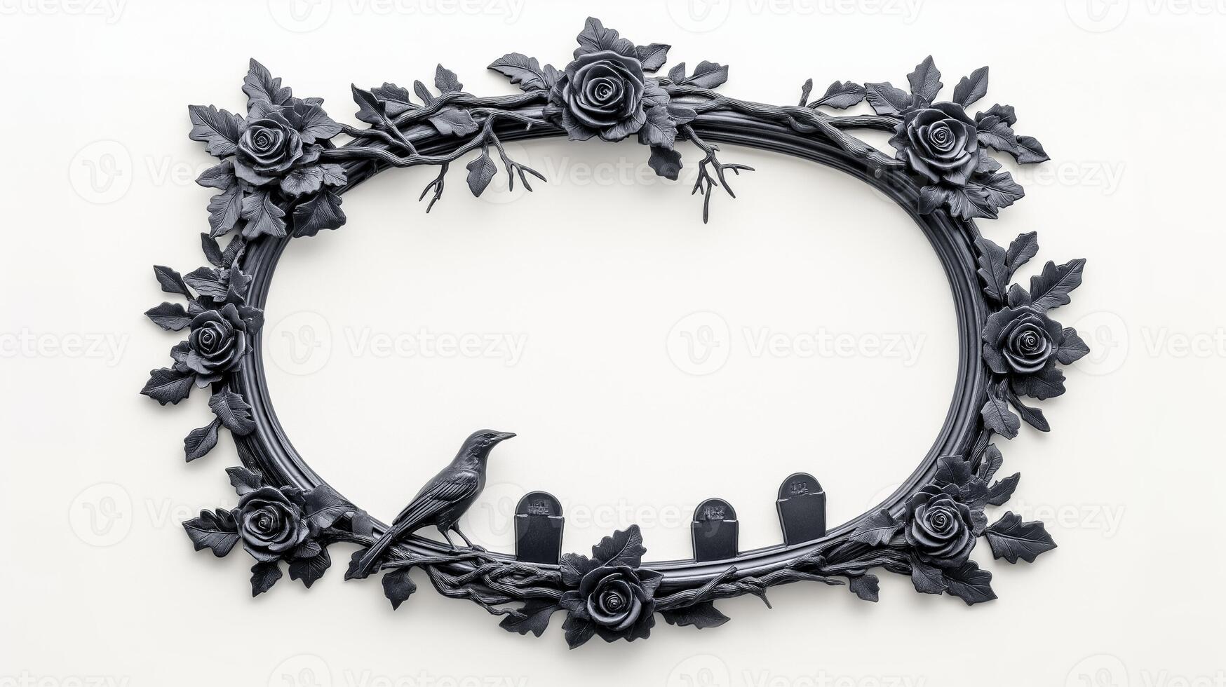Top view of a Halloween themed frame adorned with eerie details such as tombstones black roses and a crow perched on a branch in an aged silver finish isolated on a white background photo
