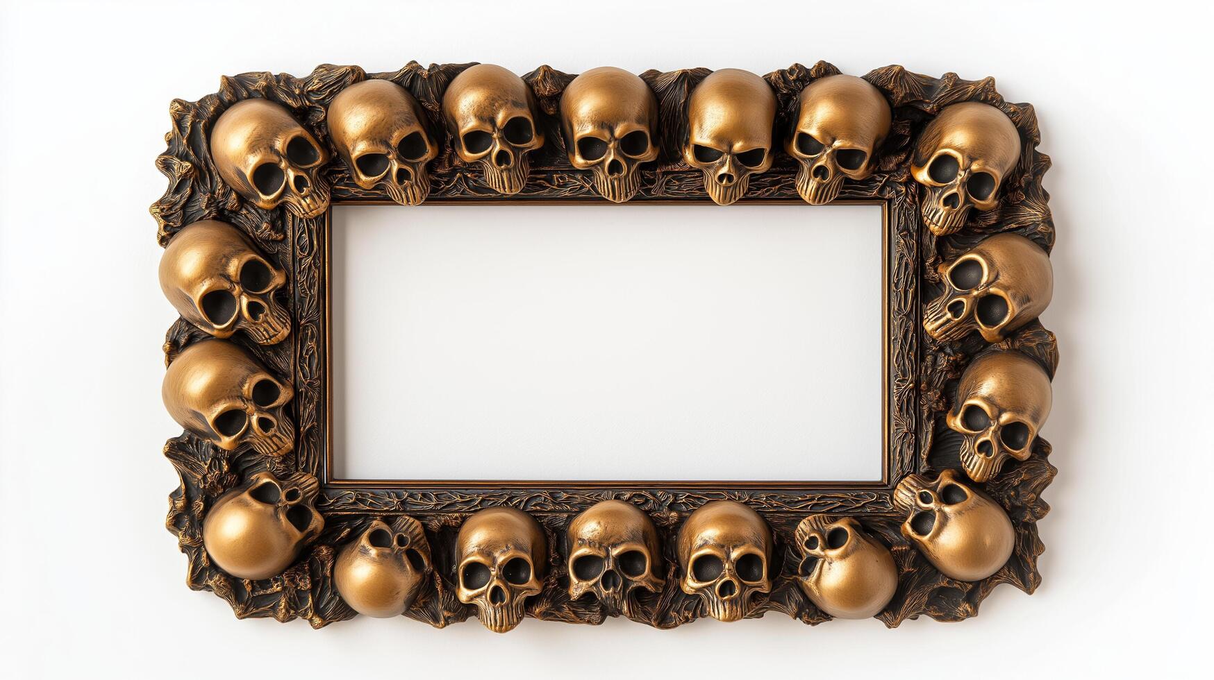 Top down view of a spooky Halloween picture frame with detailed skulls cobwebs and ghostly faces in a dark bronze finish isolated on a white background photo
