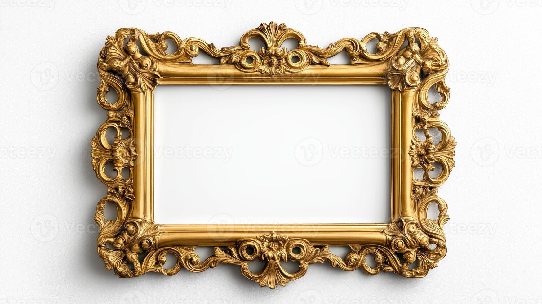 Wide angle shot of a grand baroque style picture frame with lavish gold ornamentation including cherubs and scrolls isolated on a white background with a subtle drop shadow photo