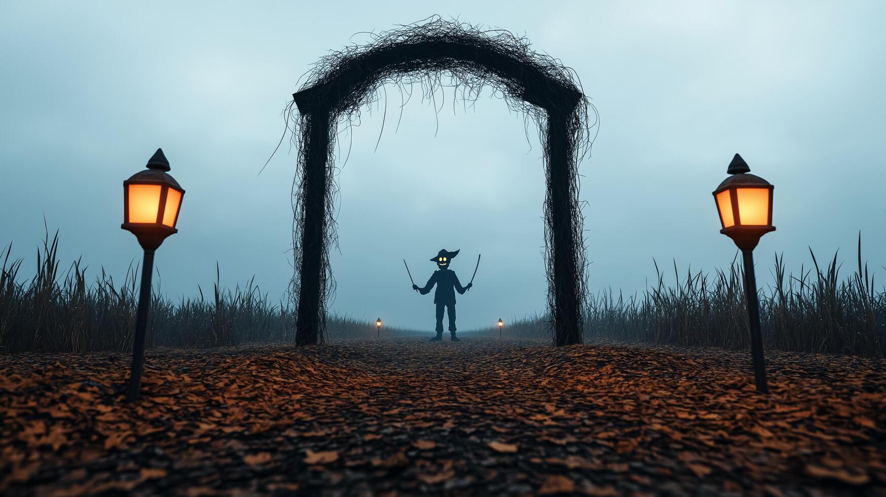 Eerie Halloween garden archway covered in cobwebs lanterns flickering dimly dead leaves scattered around with a creepy scarecrow standing guard photo
