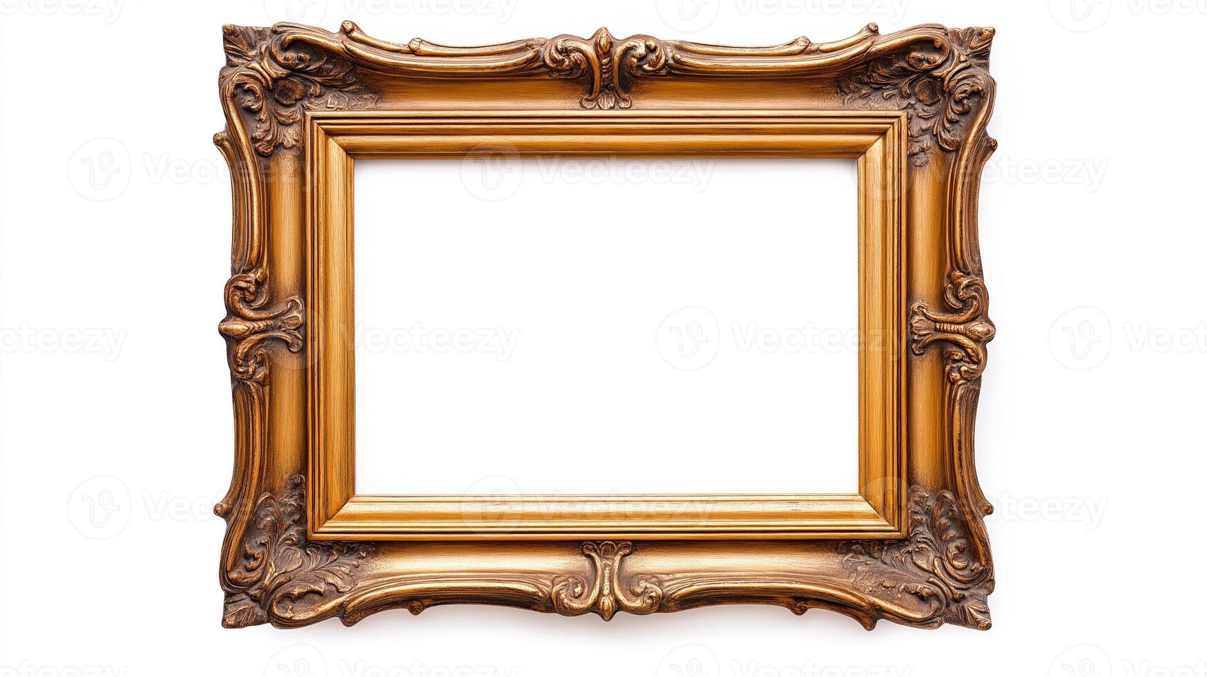 Overhead view of a vintage rectangular picture frame with ornate corners and an elegant distressed gold finish isolated on a white background with ample empty space photo